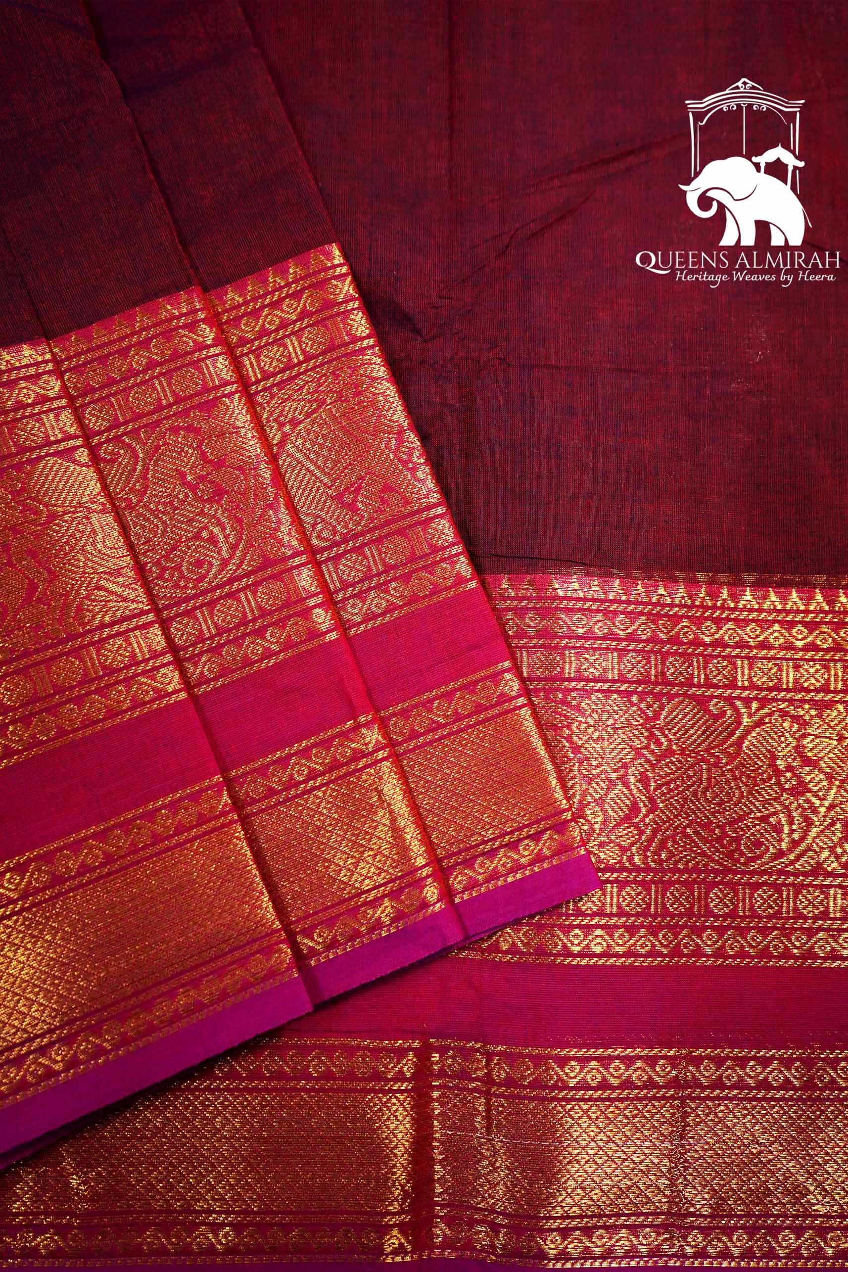 WINE BERRY WITH BURNT PINK KANCHI COTTON SAREE - Queens Jewel Emporium