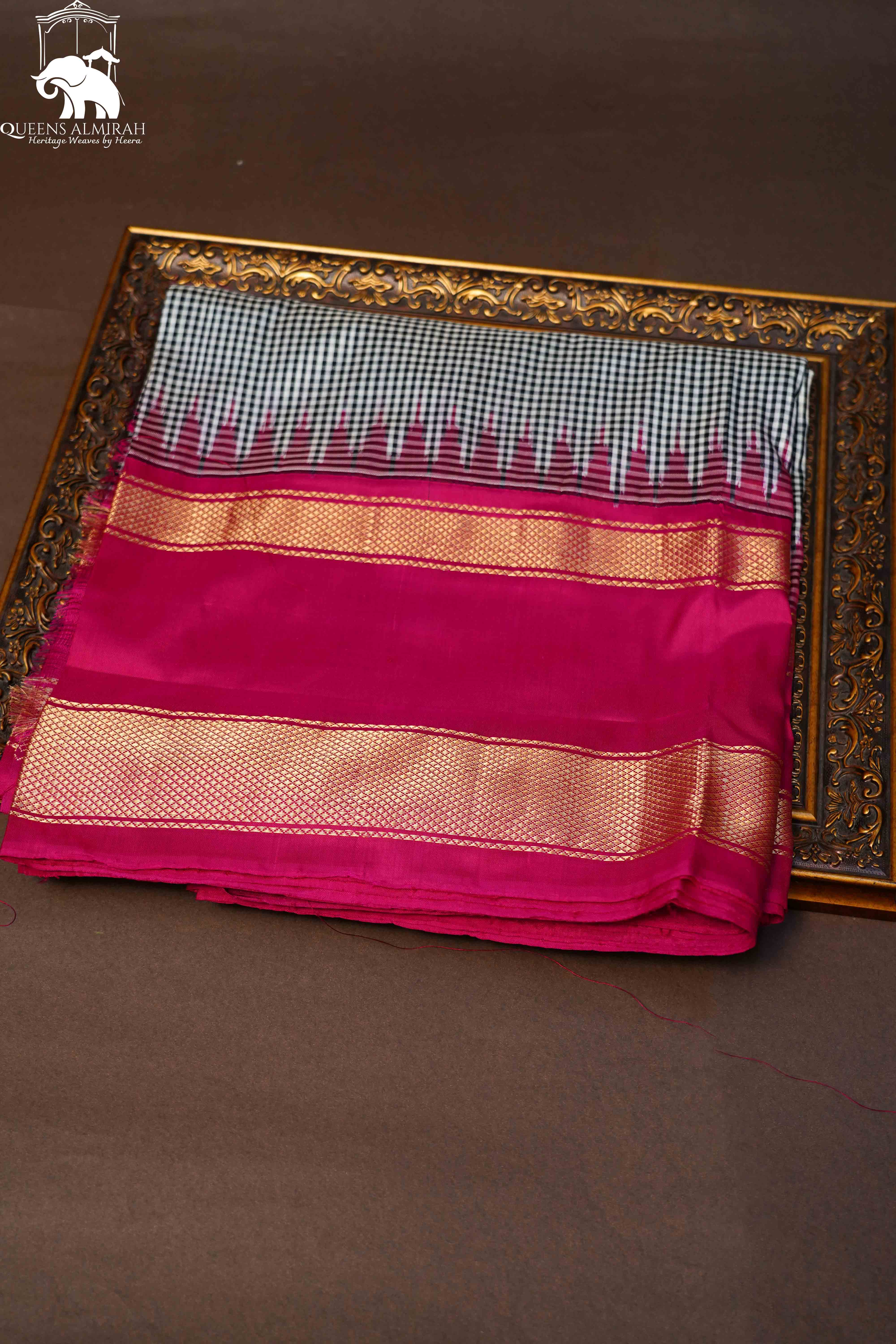 White And Black Checks With Magenta Pure Ikat Silk Saree - Queens Jewel Emporium