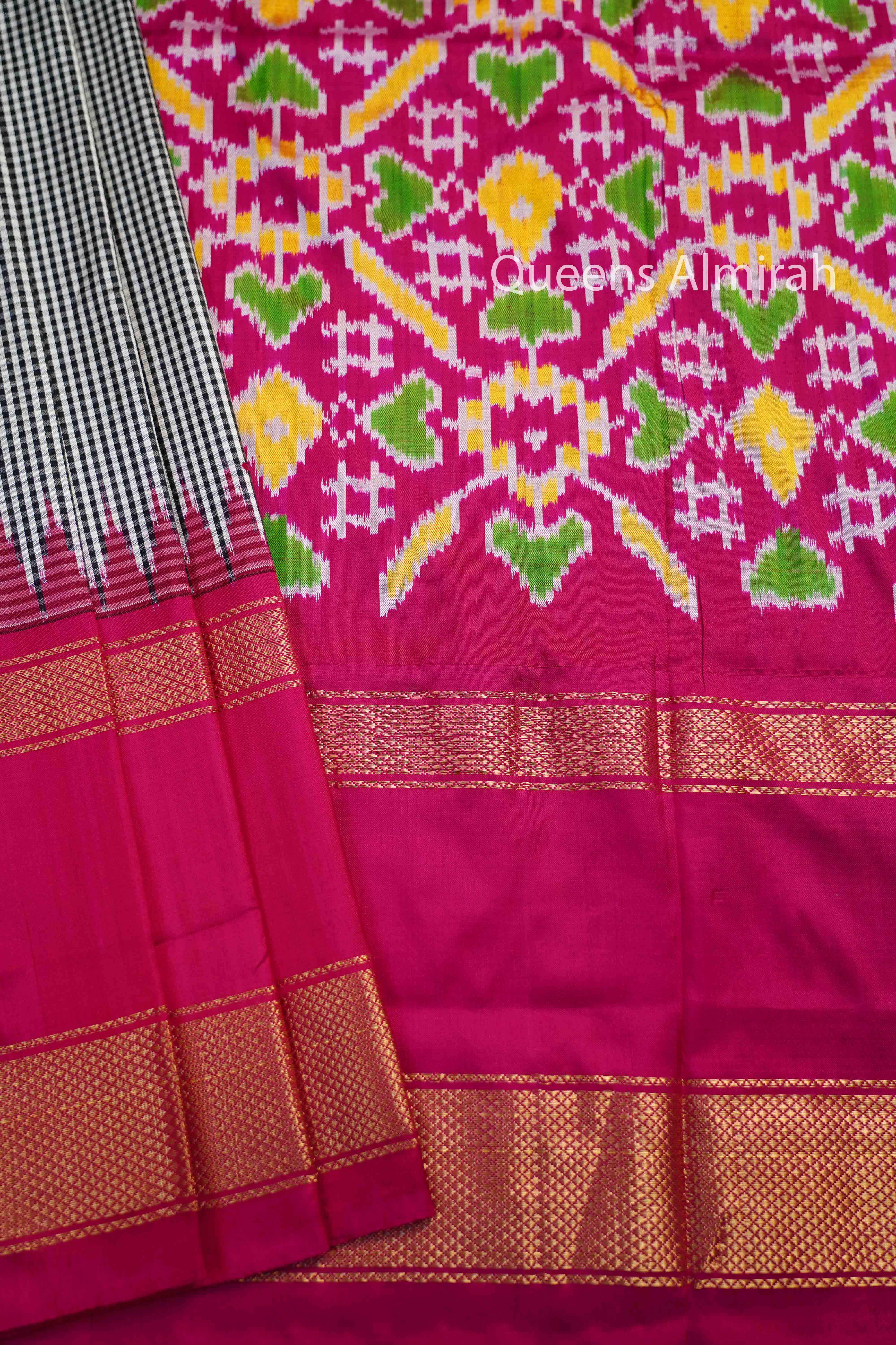 White And Black Checks With Magenta Pure Ikat Silk Saree - Queens Jewel Emporium