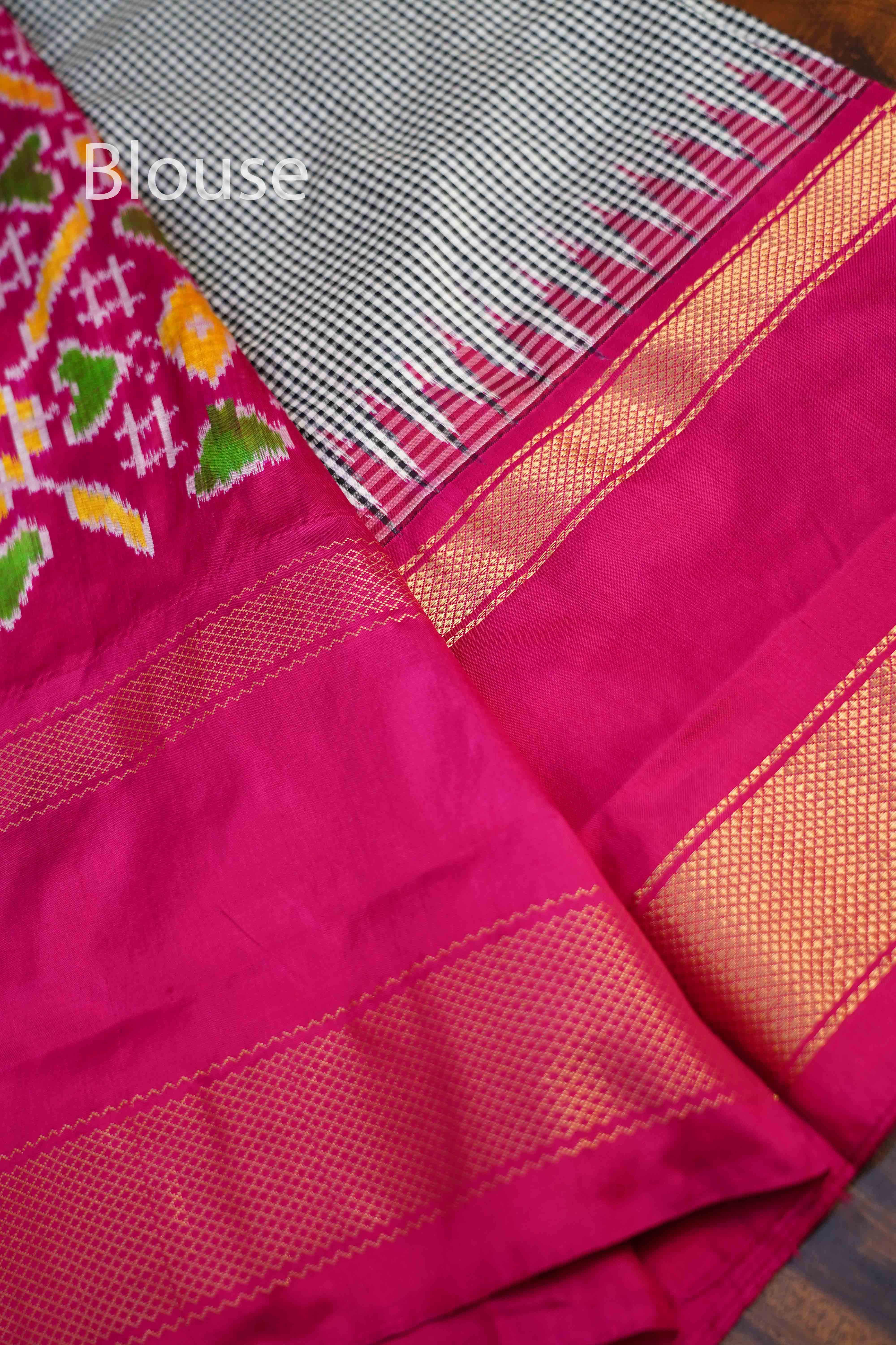 White And Black Checks With Magenta Pure Ikat Silk Saree - Queens Jewel Emporium