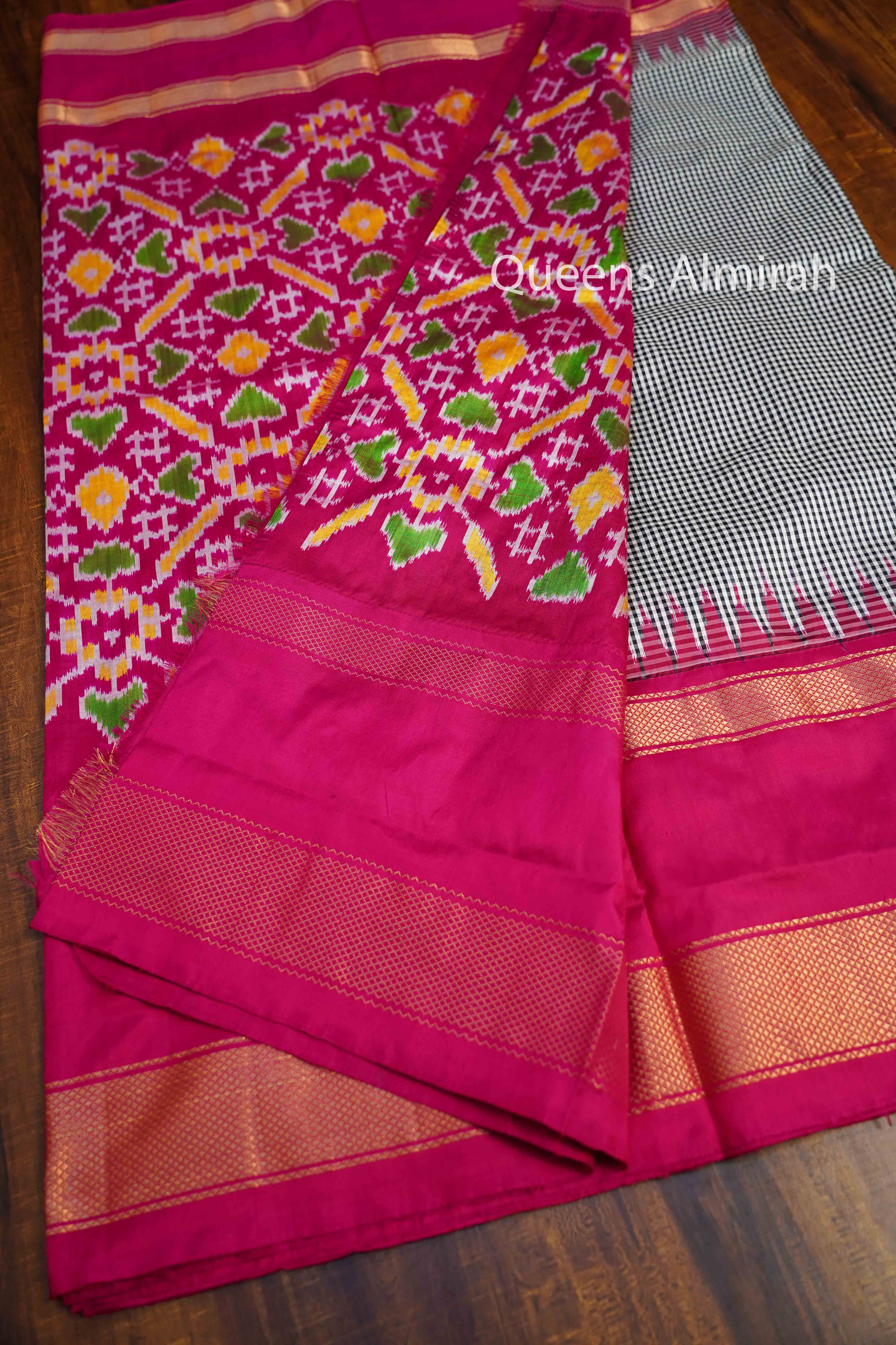 White And Black Checks With Magenta Pure Ikat Silk Saree - Queens Jewel Emporium
