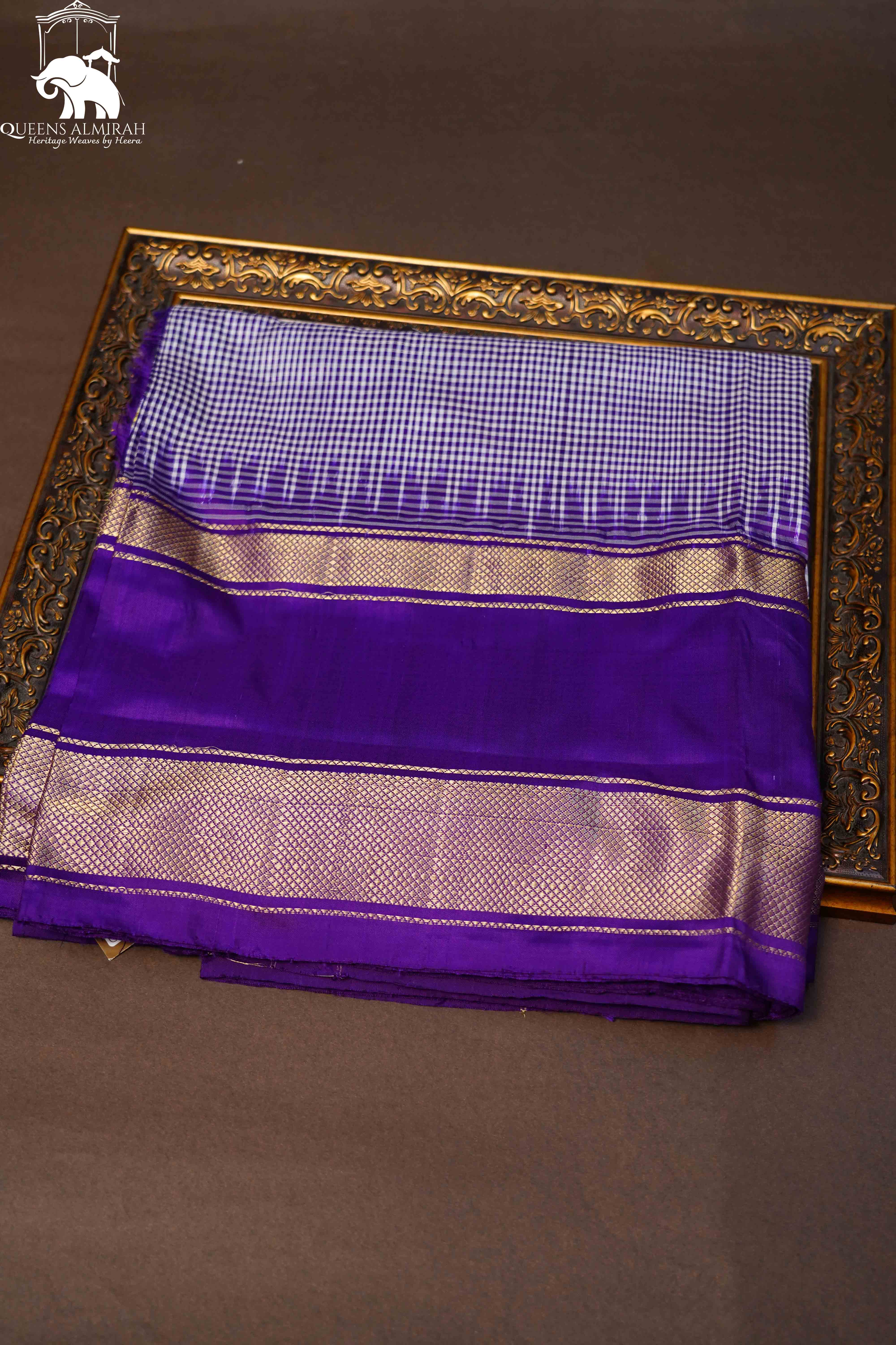 White Checks With Purple Pure Ikat Silk Saree - Queens Jewel Emporium