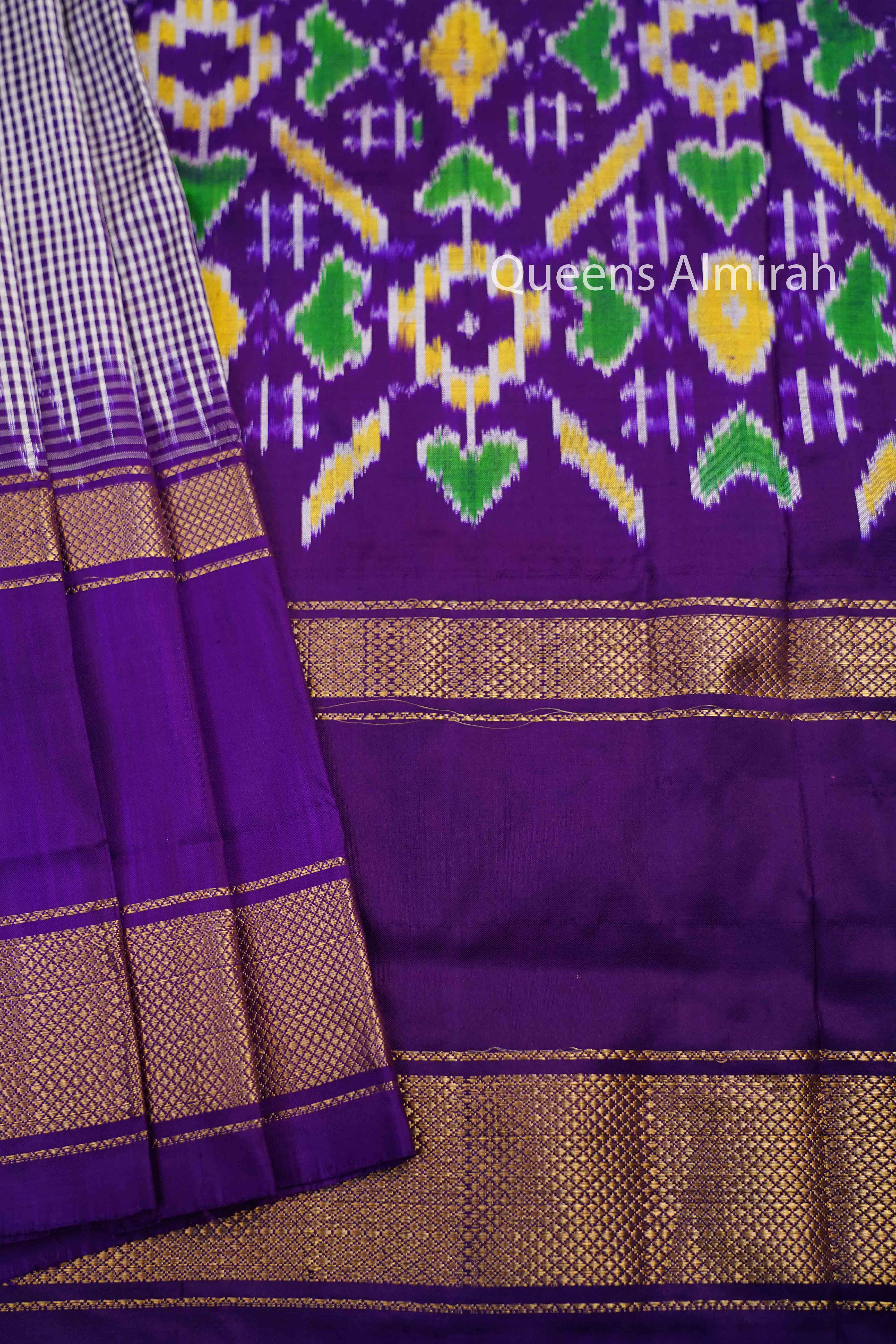 White Checks With Purple Pure Ikat Silk Saree - Queens Jewel Emporium