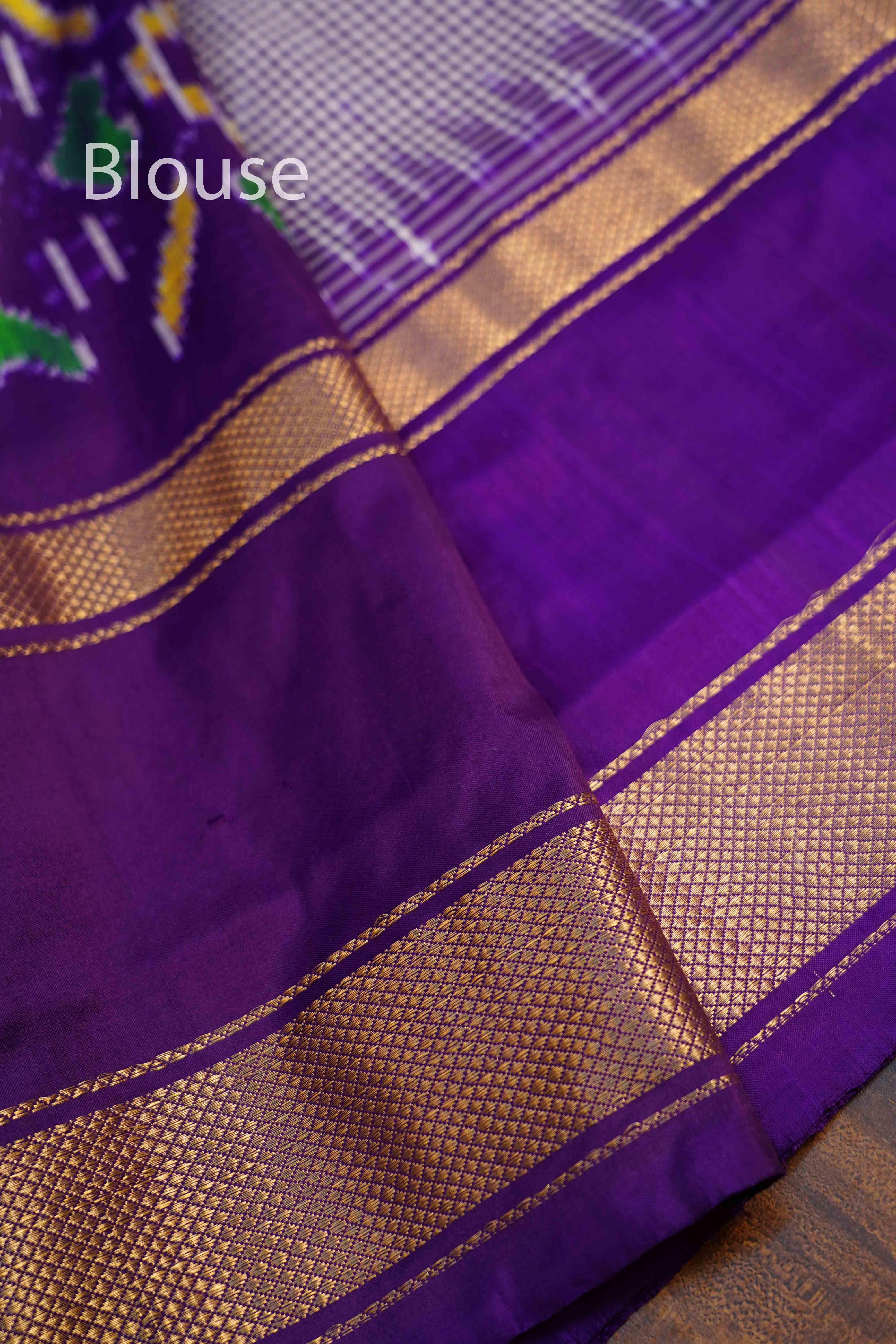White Checks With Purple Pure Ikat Silk Saree - Queens Jewel Emporium