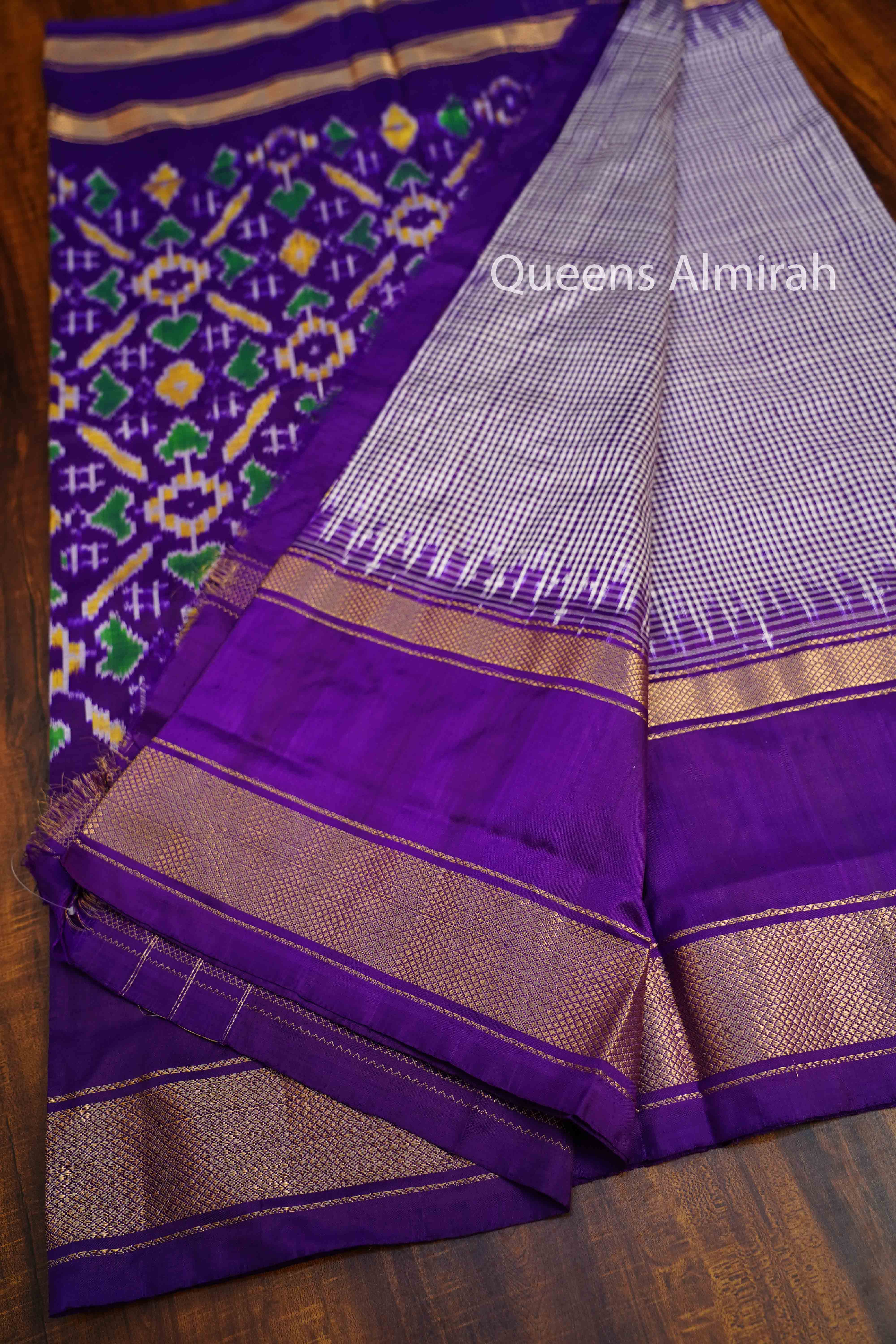 White Checks With Purple Pure Ikat Silk Saree - Queens Jewel Emporium