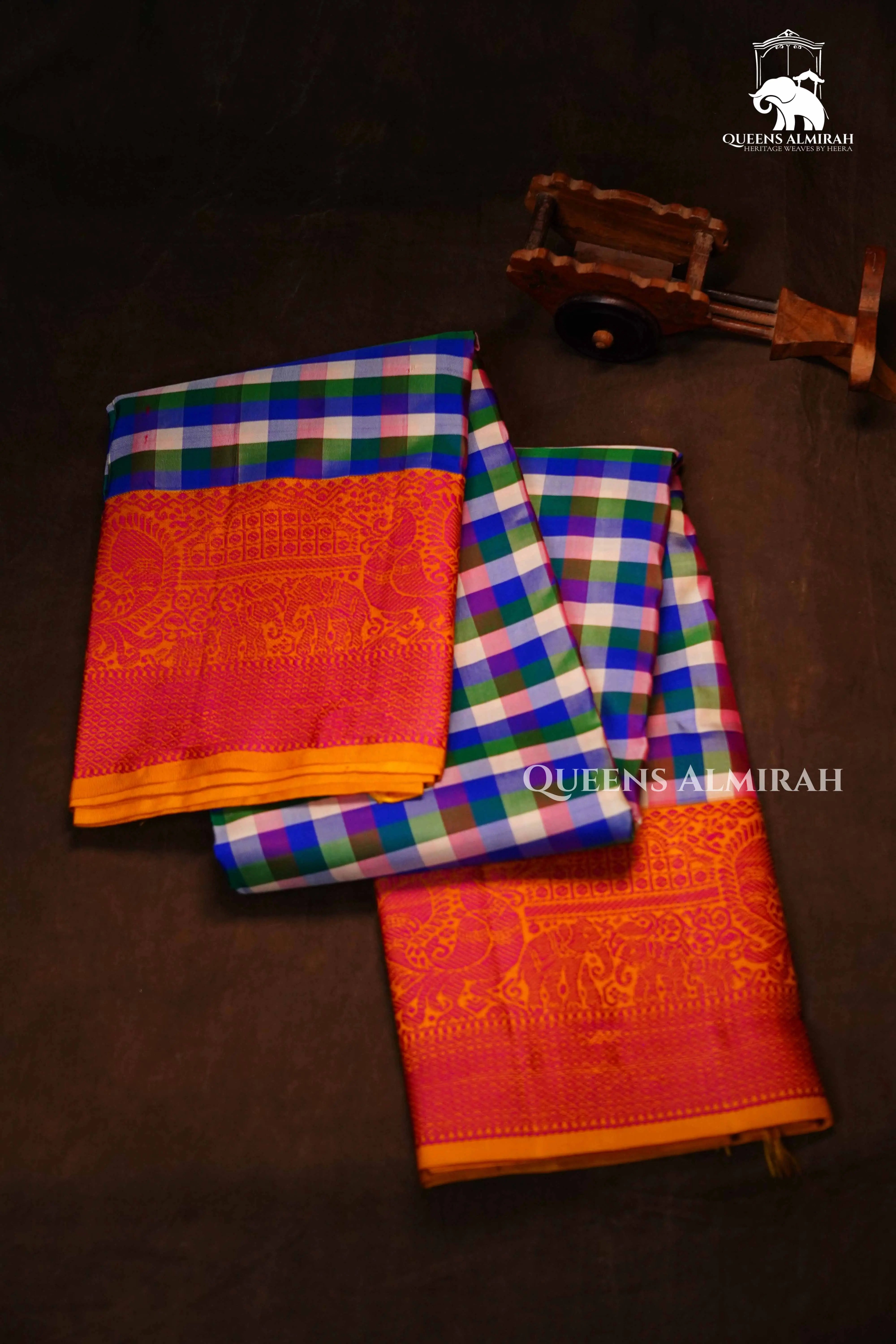 White With Blue Checks Kuravanji Silk Saree QUEENS ALMIRAH