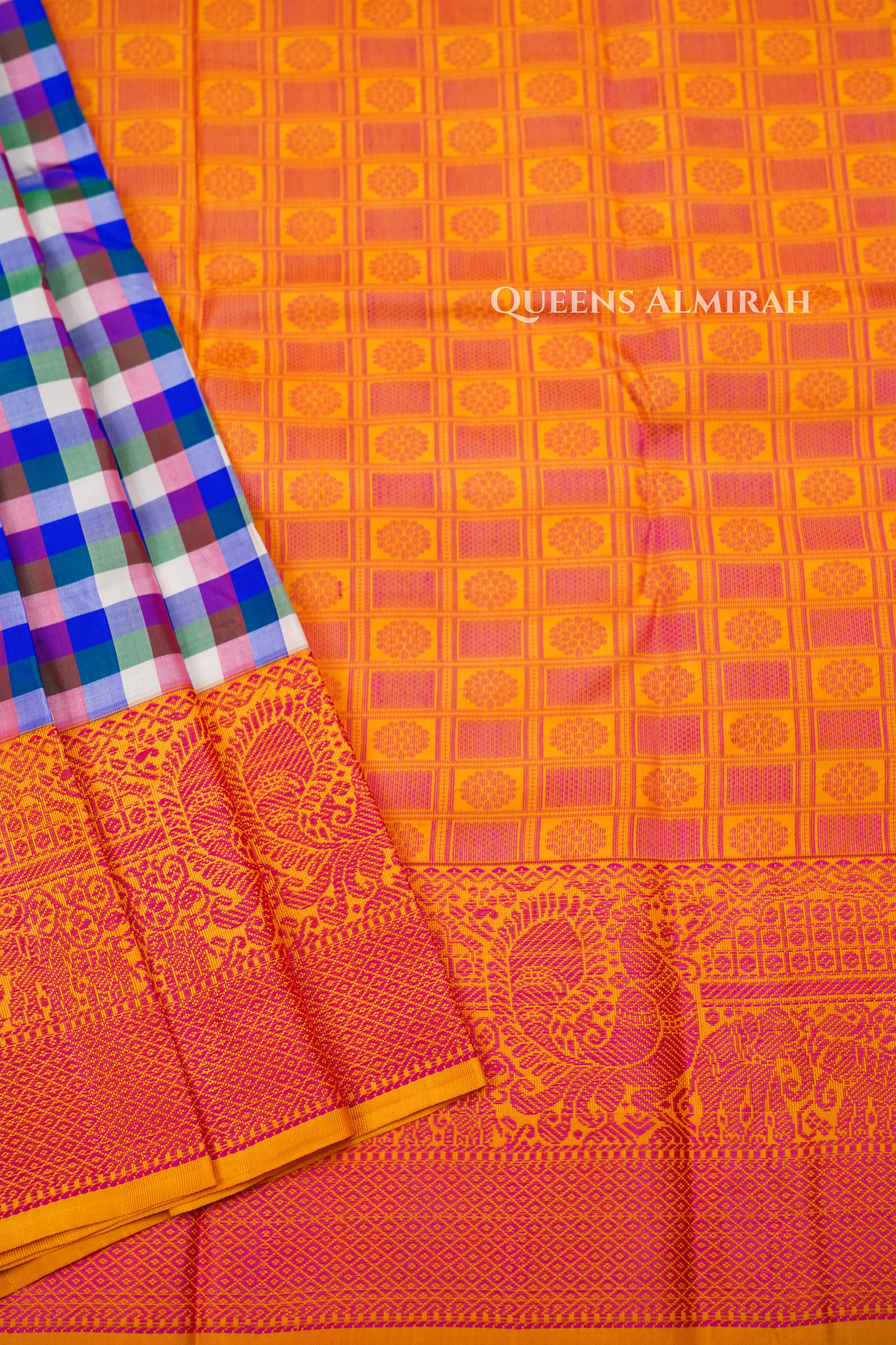 White With Blue Checks Kuravanji Silk Saree QUEENS ALMIRAH