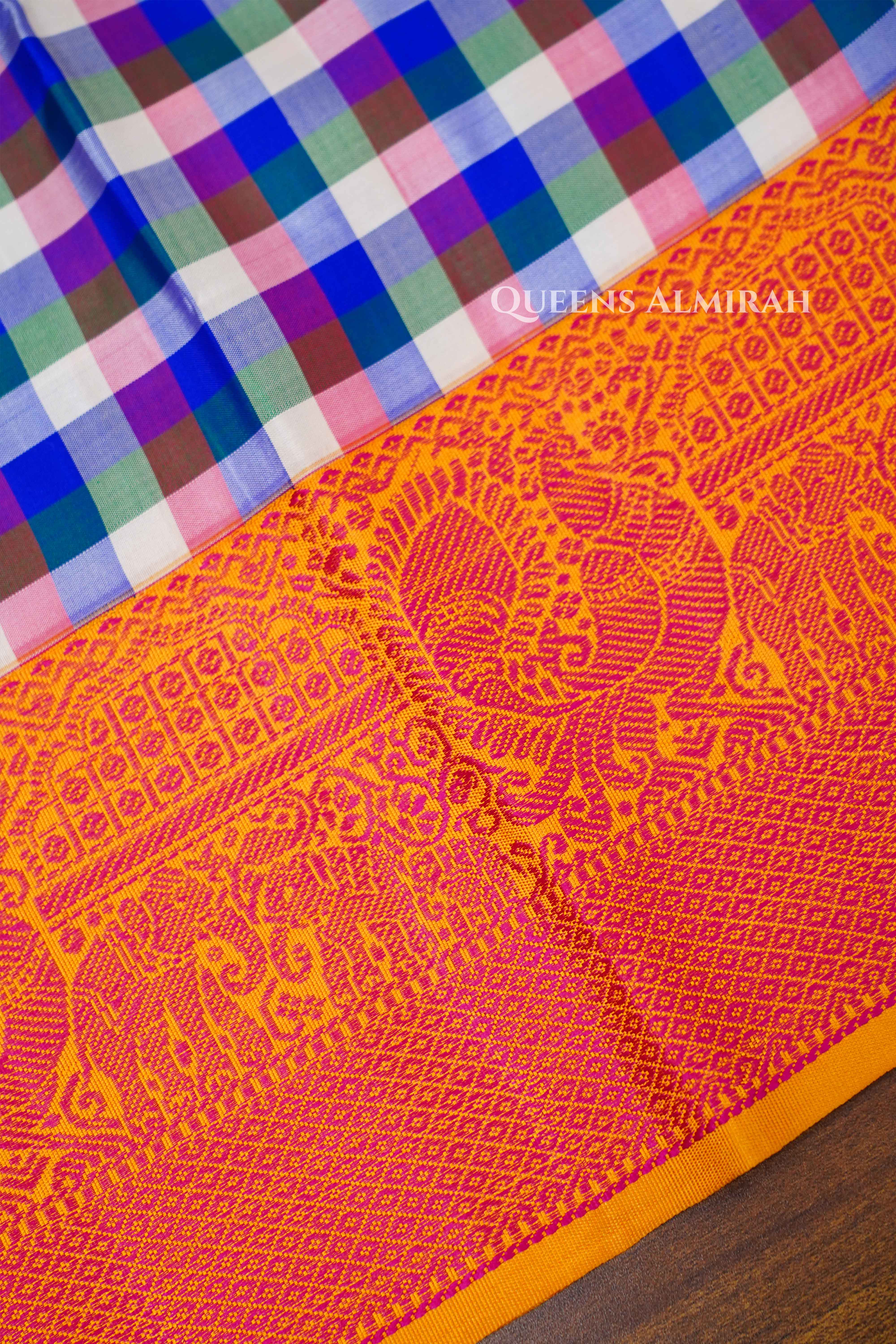 White With Blue Checks Kuravanji Silk Saree QUEENS ALMIRAH