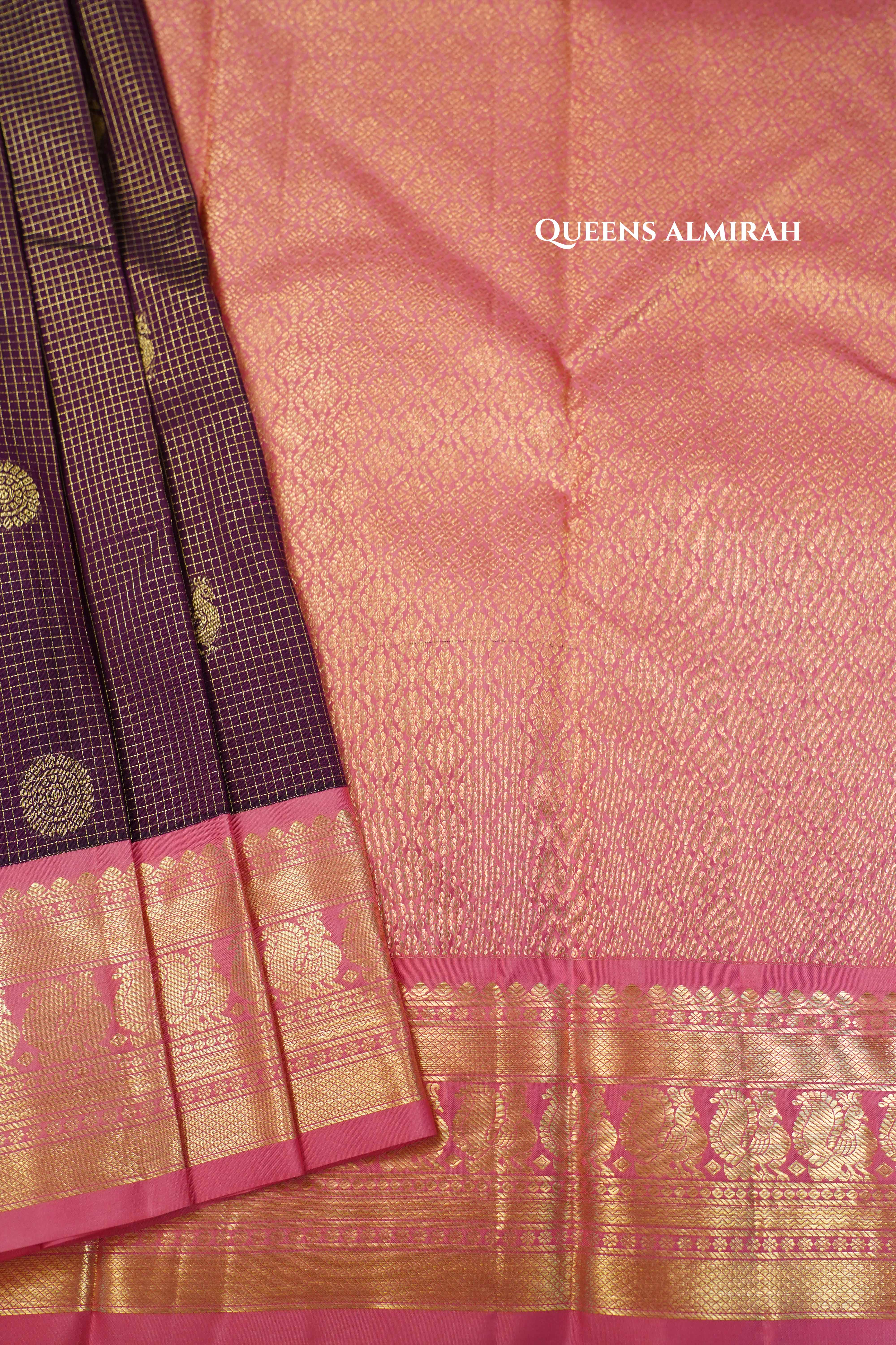 Wine Berry With Caramine Pink Pure Kanchivaram Silk Saree QUEENS ALMIRAH