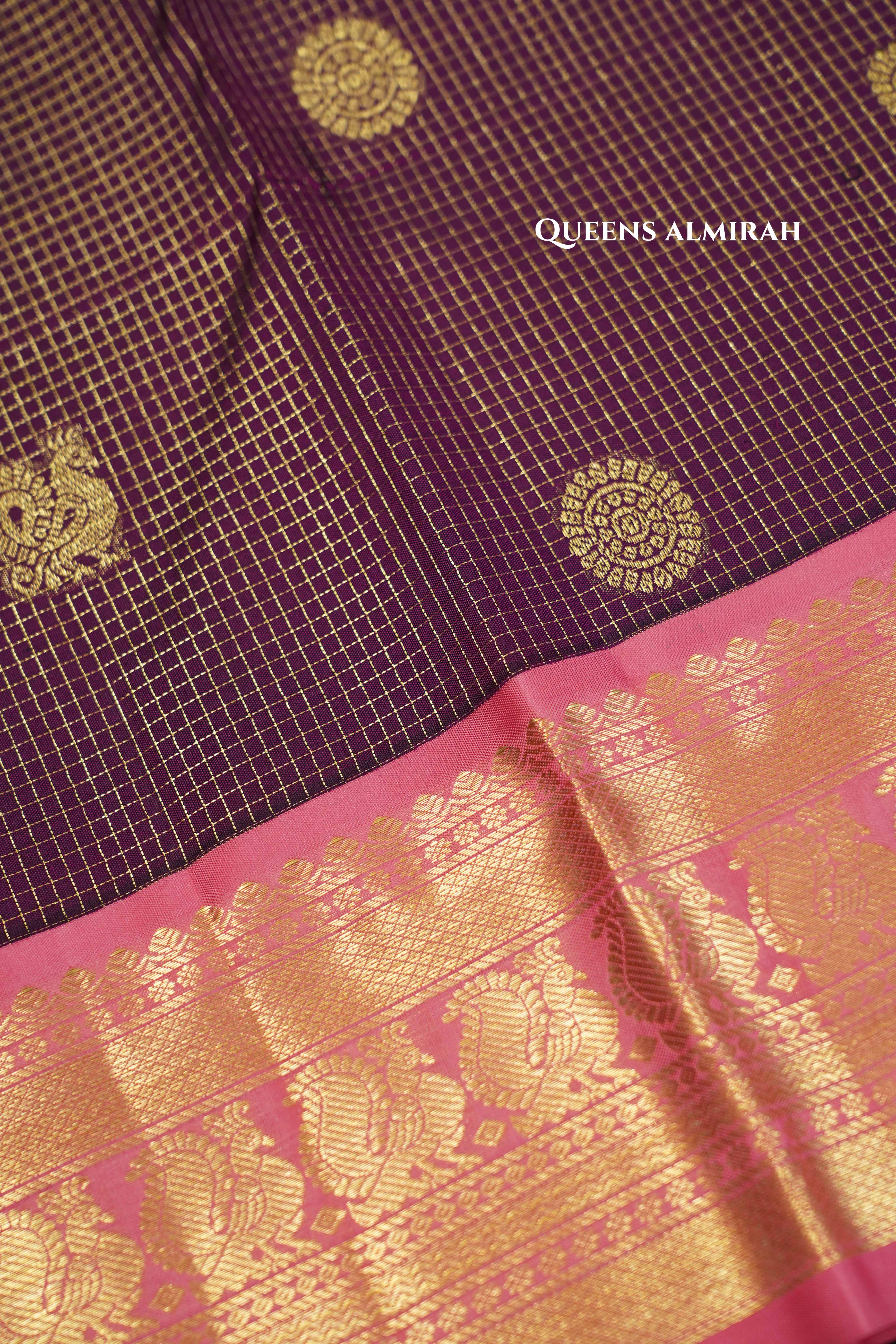 Wine Berry With Caramine Pink Pure Kanchivaram Silk Saree QUEENS ALMIRAH