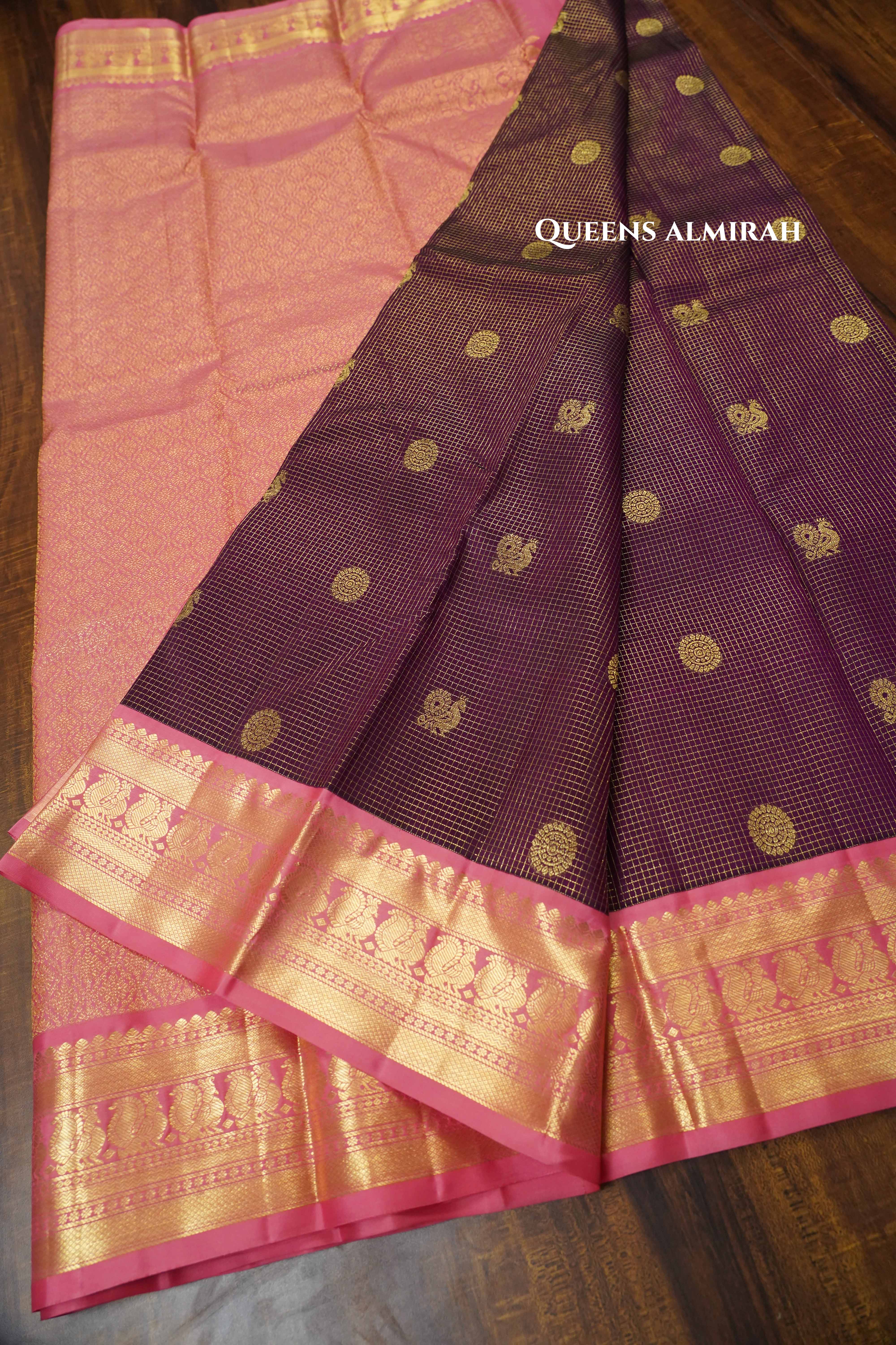 Wine Berry With Caramine Pink Pure Kanchivaram Silk Saree QUEENS ALMIRAH