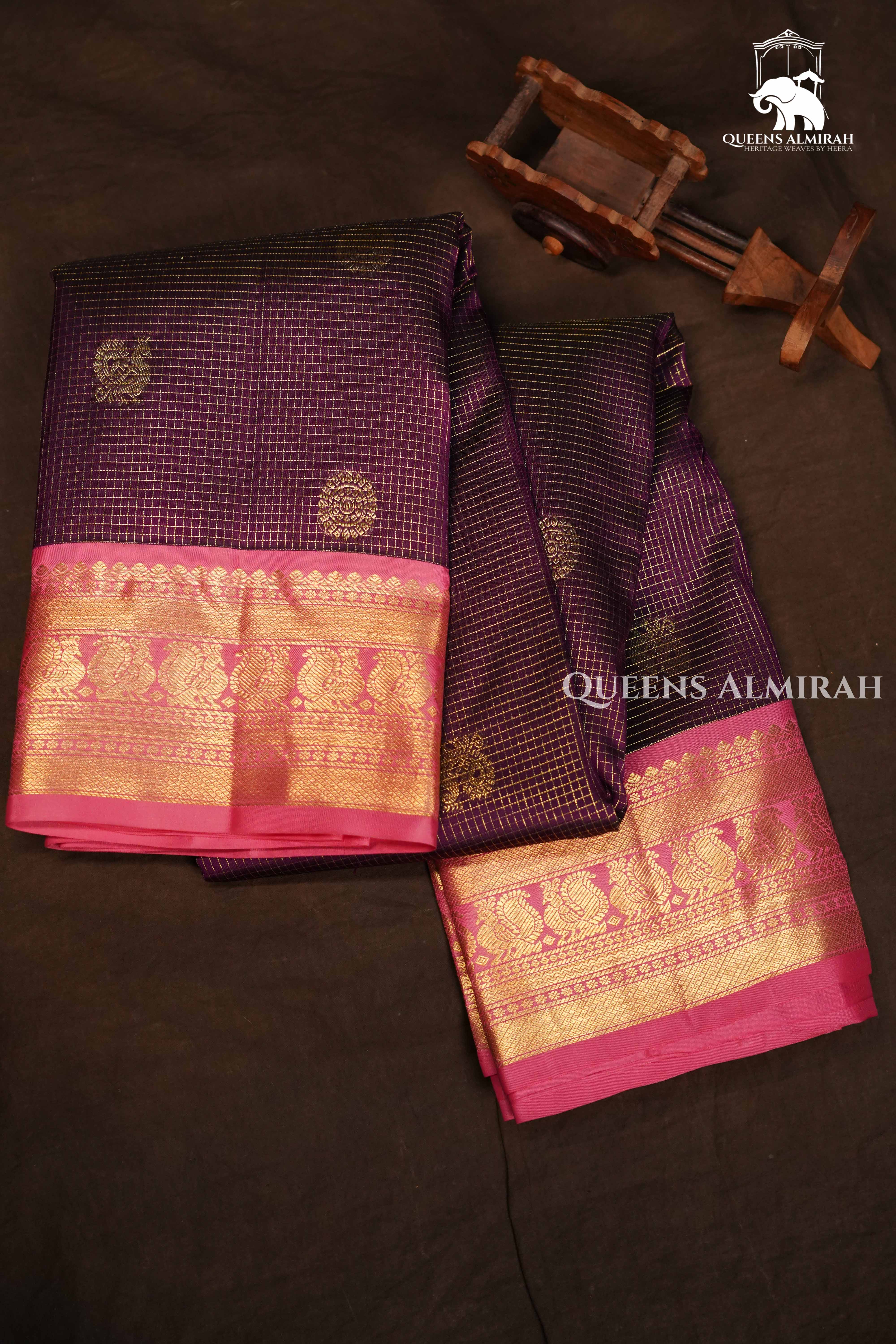 Wine Berry With Caramine Pink Pure Kanchivaram Silk Saree QUEENS ALMIRAH