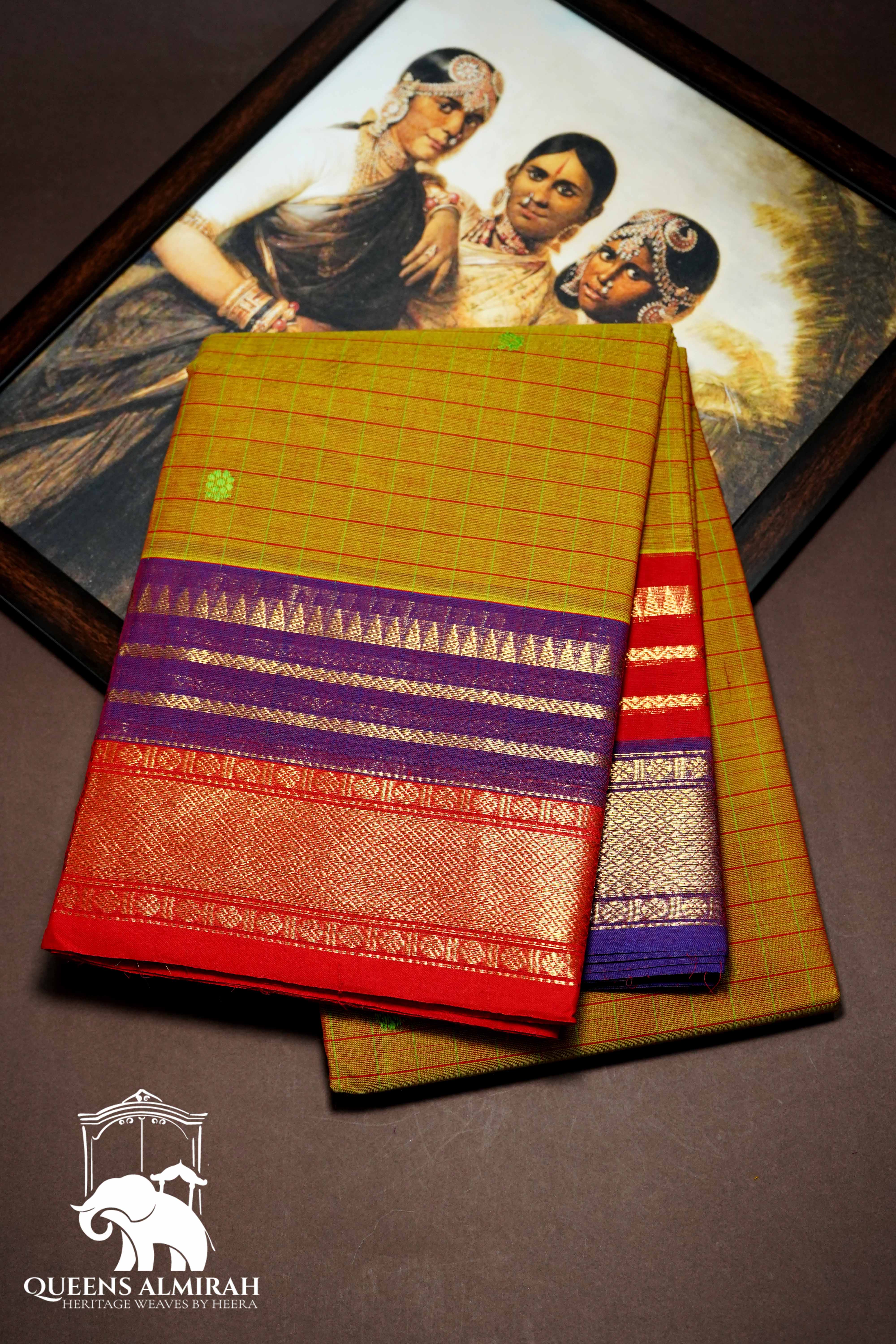 YELLOWISH ORANGE WITH RED AND PLUM PURPLE KANCHI COTTON SAREE - Queens Jewel Emporium