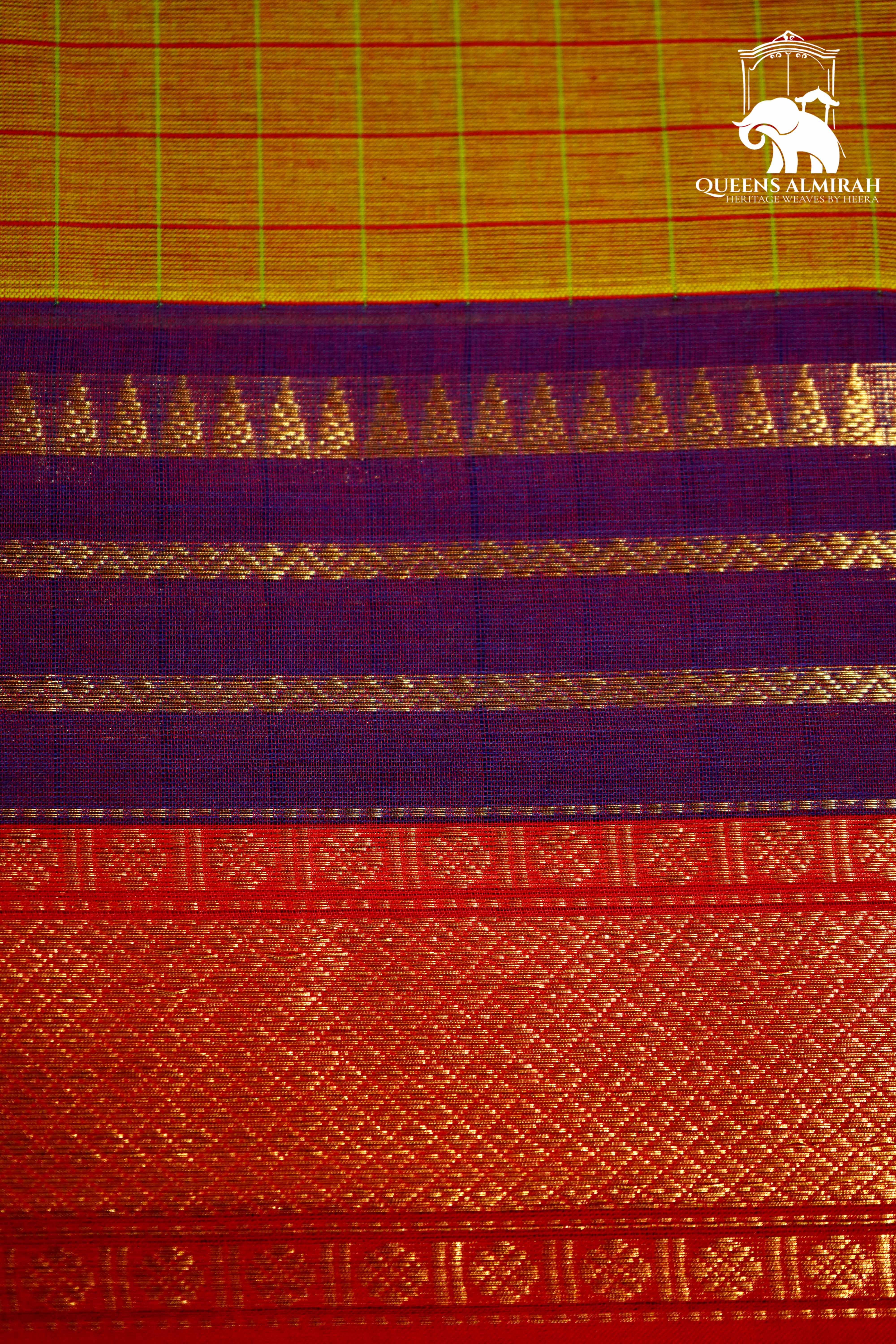 YELLOWISH ORANGE WITH RED AND PLUM PURPLE KANCHI COTTON SAREE - Queens Jewel Emporium