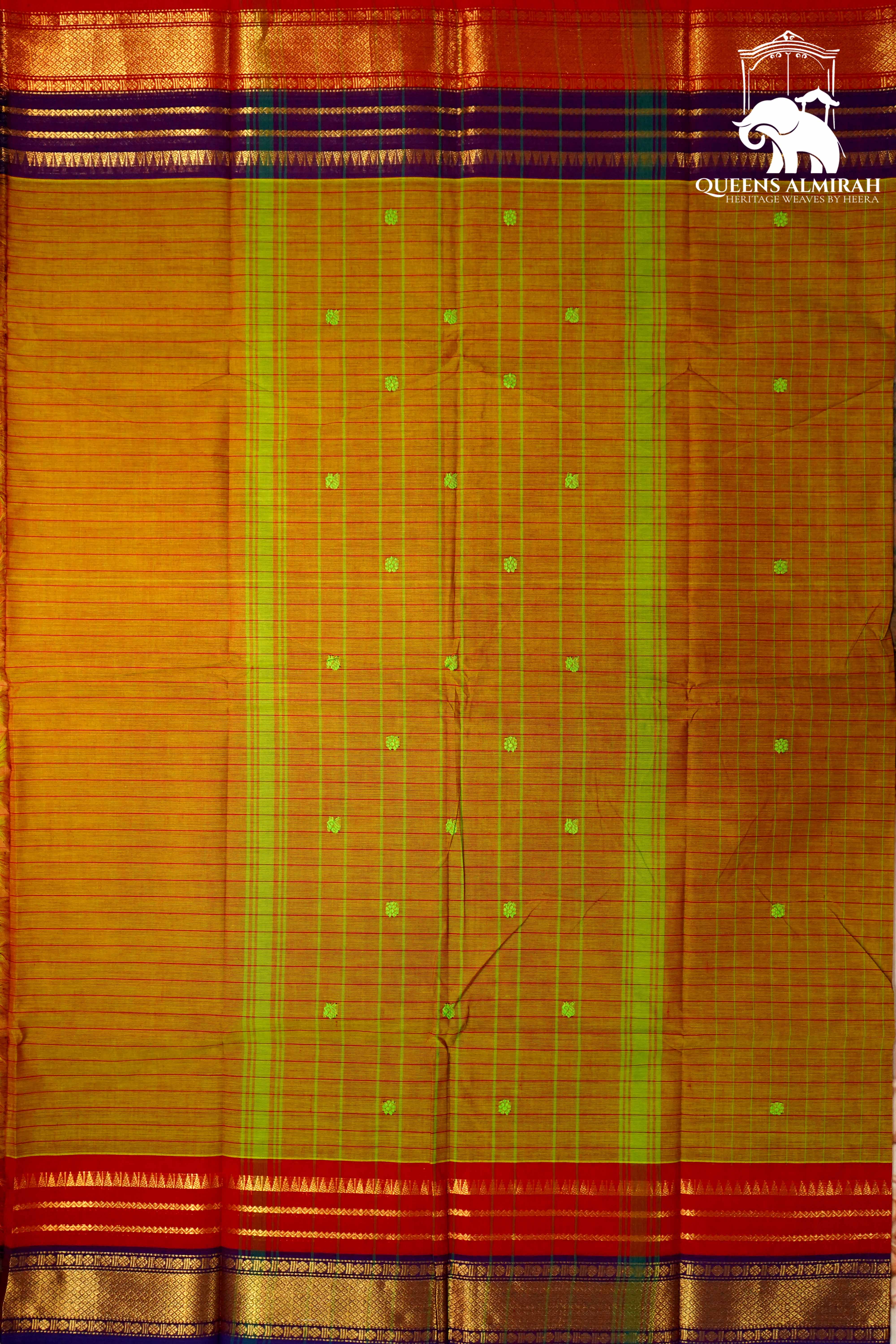 YELLOWISH ORANGE WITH RED AND PLUM PURPLE KANCHI COTTON SAREE - Queens Jewel Emporium