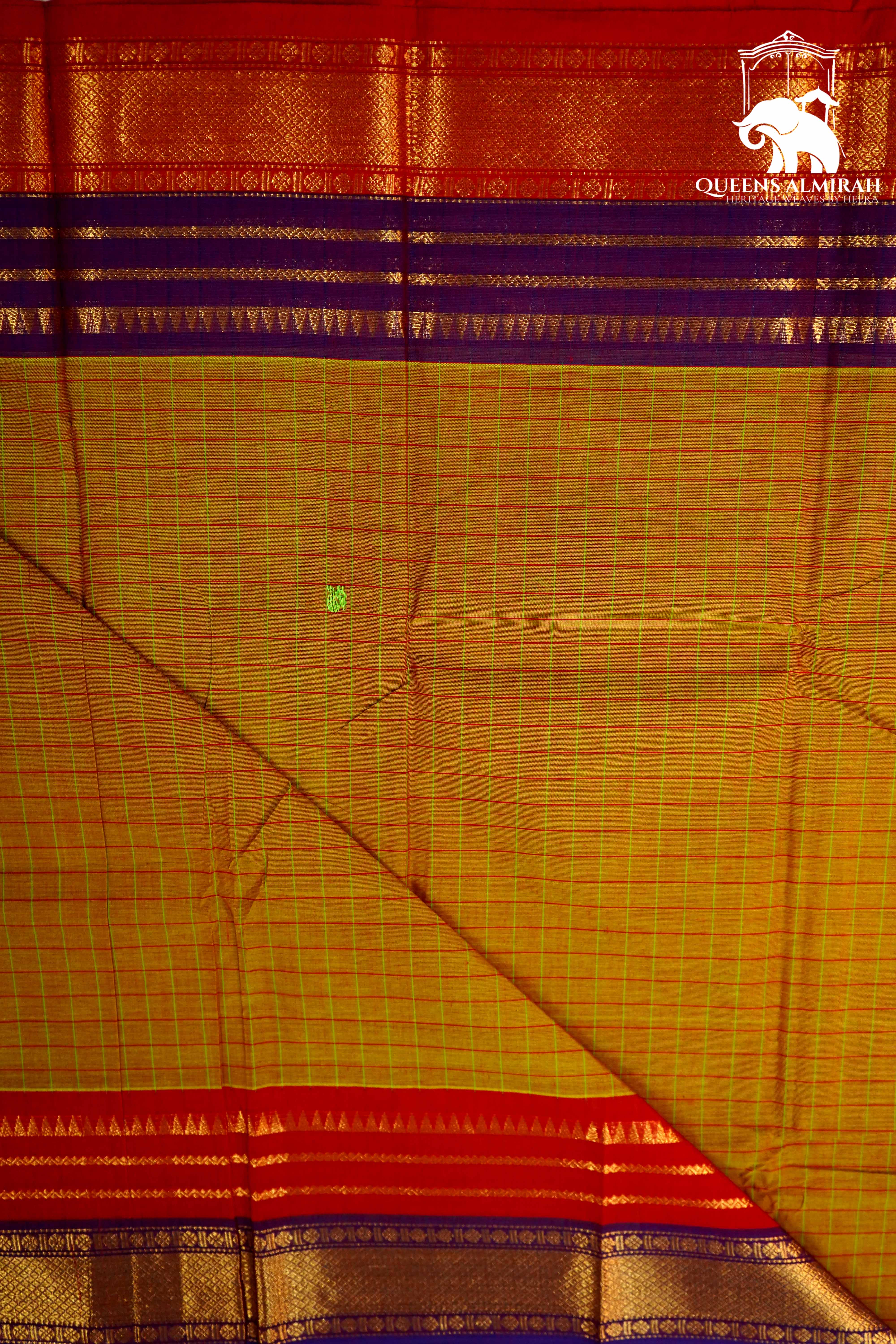 YELLOWISH ORANGE WITH RED AND PLUM PURPLE KANCHI COTTON SAREE - Queens Jewel Emporium