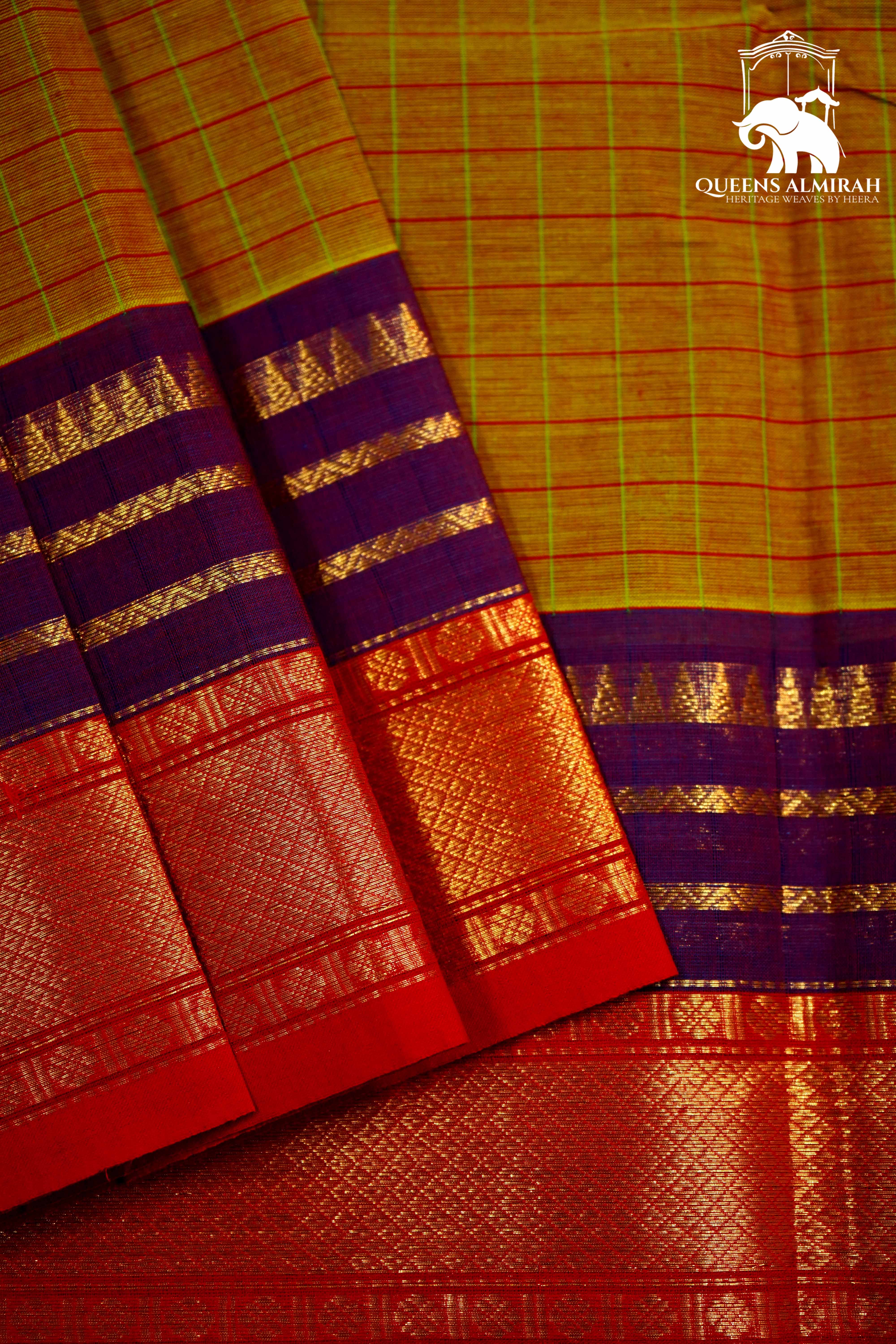 YELLOWISH ORANGE WITH RED AND PLUM PURPLE KANCHI COTTON SAREE - Queens Jewel Emporium