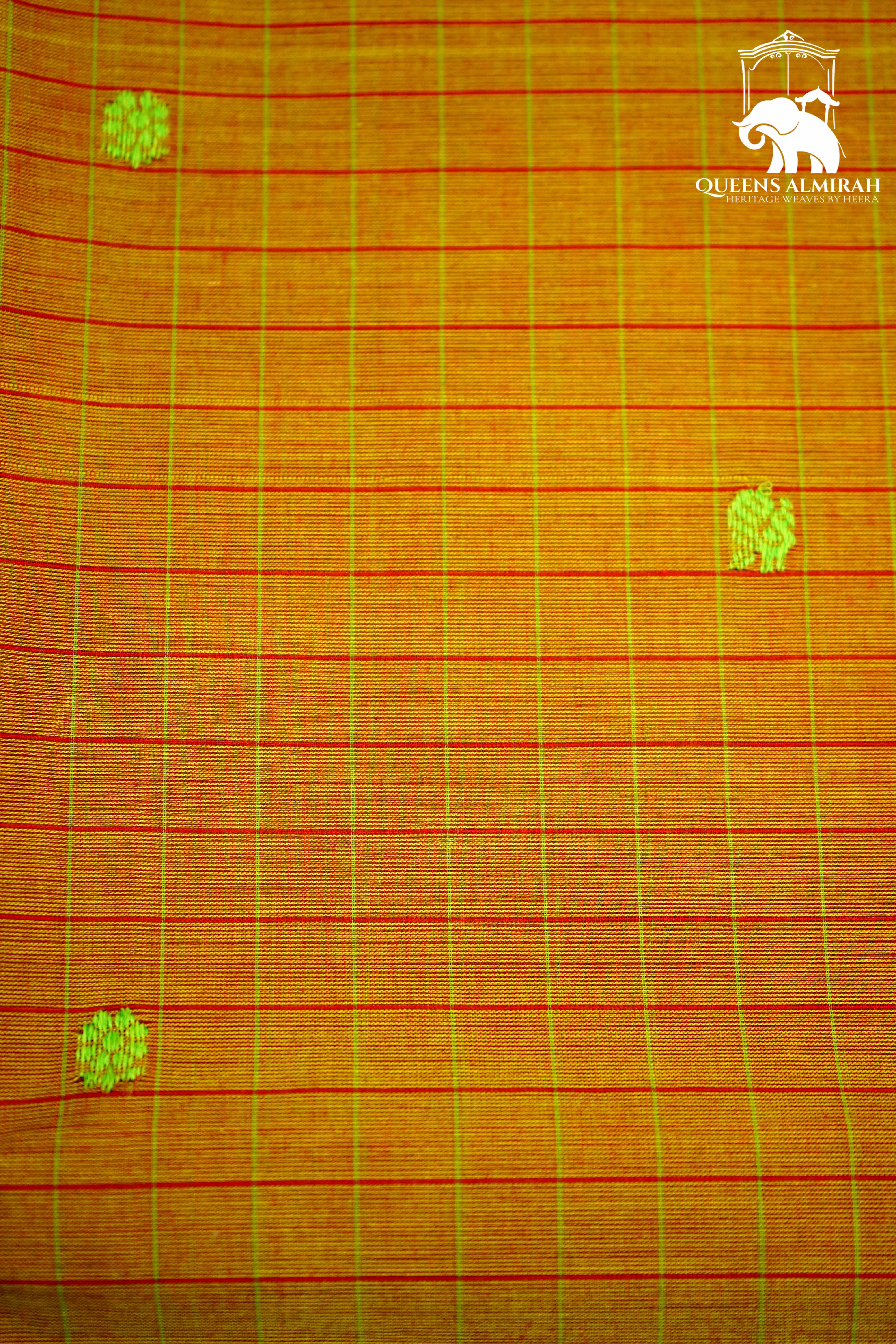 YELLOWISH ORANGE WITH RED AND PLUM PURPLE KANCHI COTTON SAREE - Queens Jewel Emporium