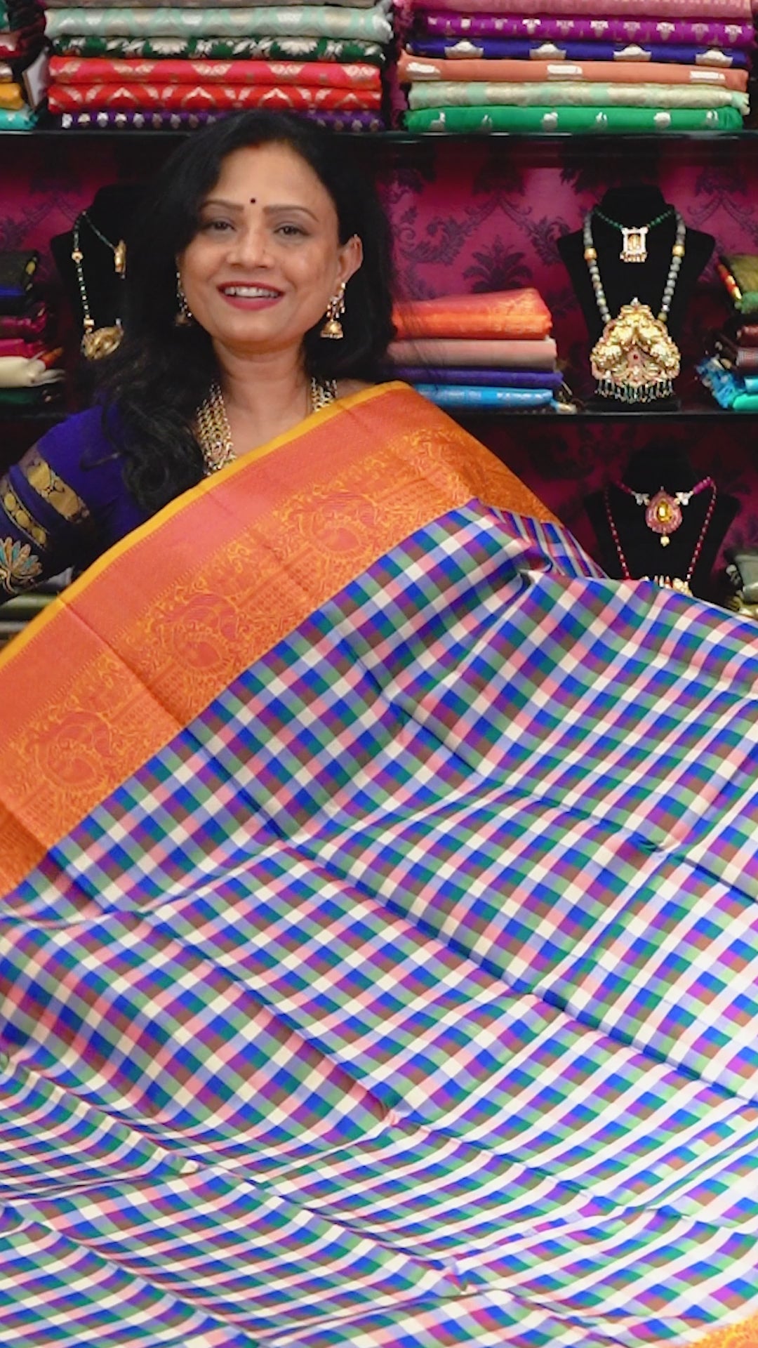 White With Blue Checks Kuravanji Silk Saree