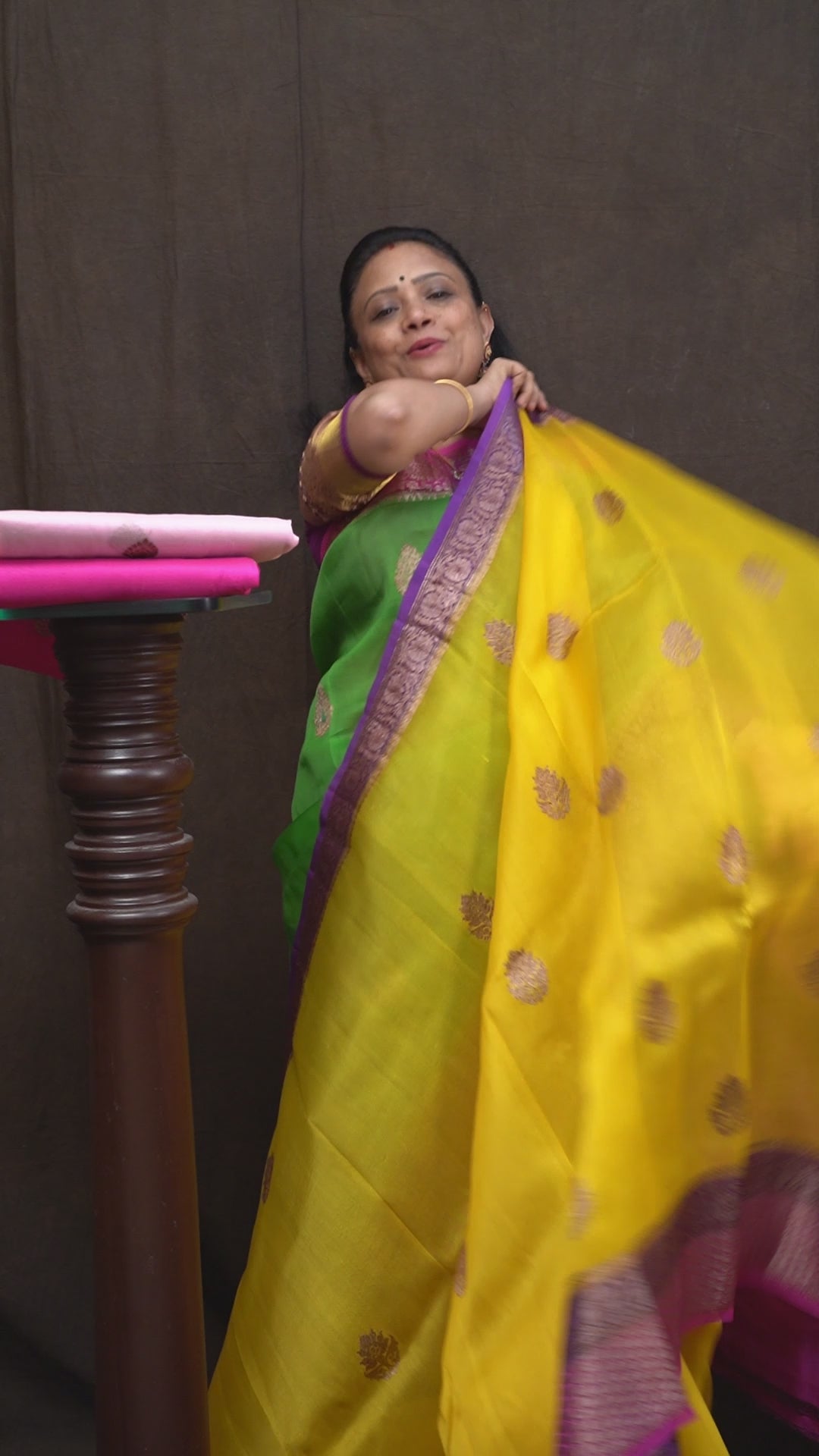 Mango Yellow With Warm Purple Banarasi Organza saree