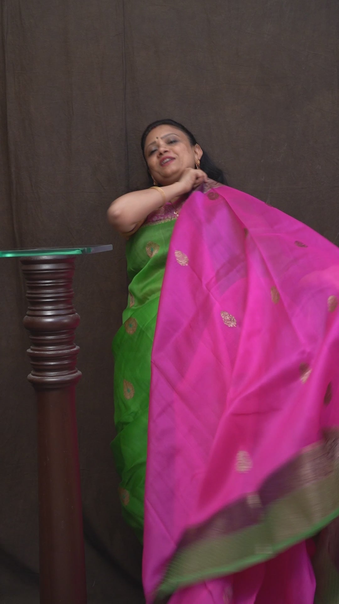 Pink With Green Banarasi Organza saree