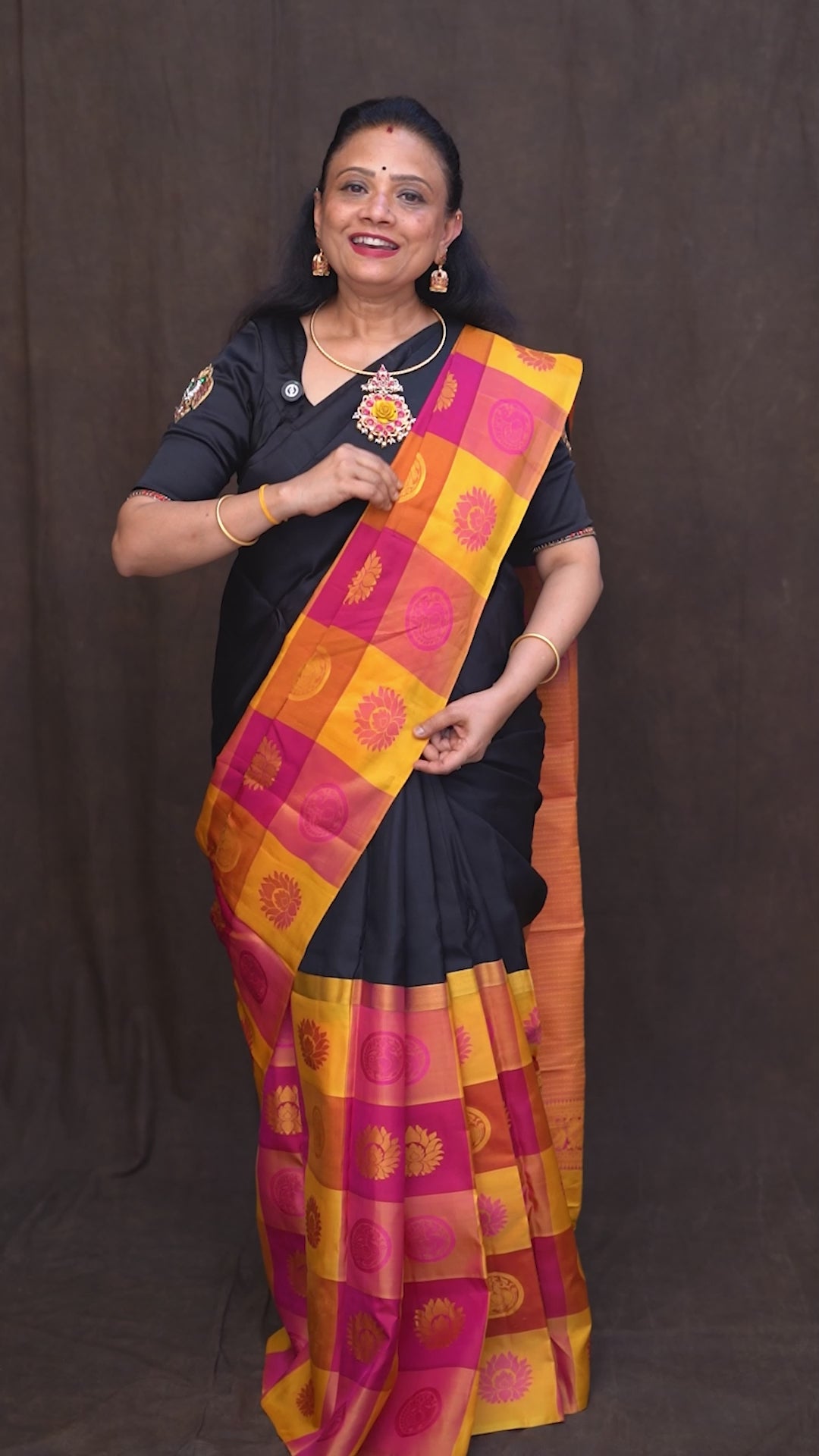 Black With Multi Checks Kanchivaram Silk Saree
