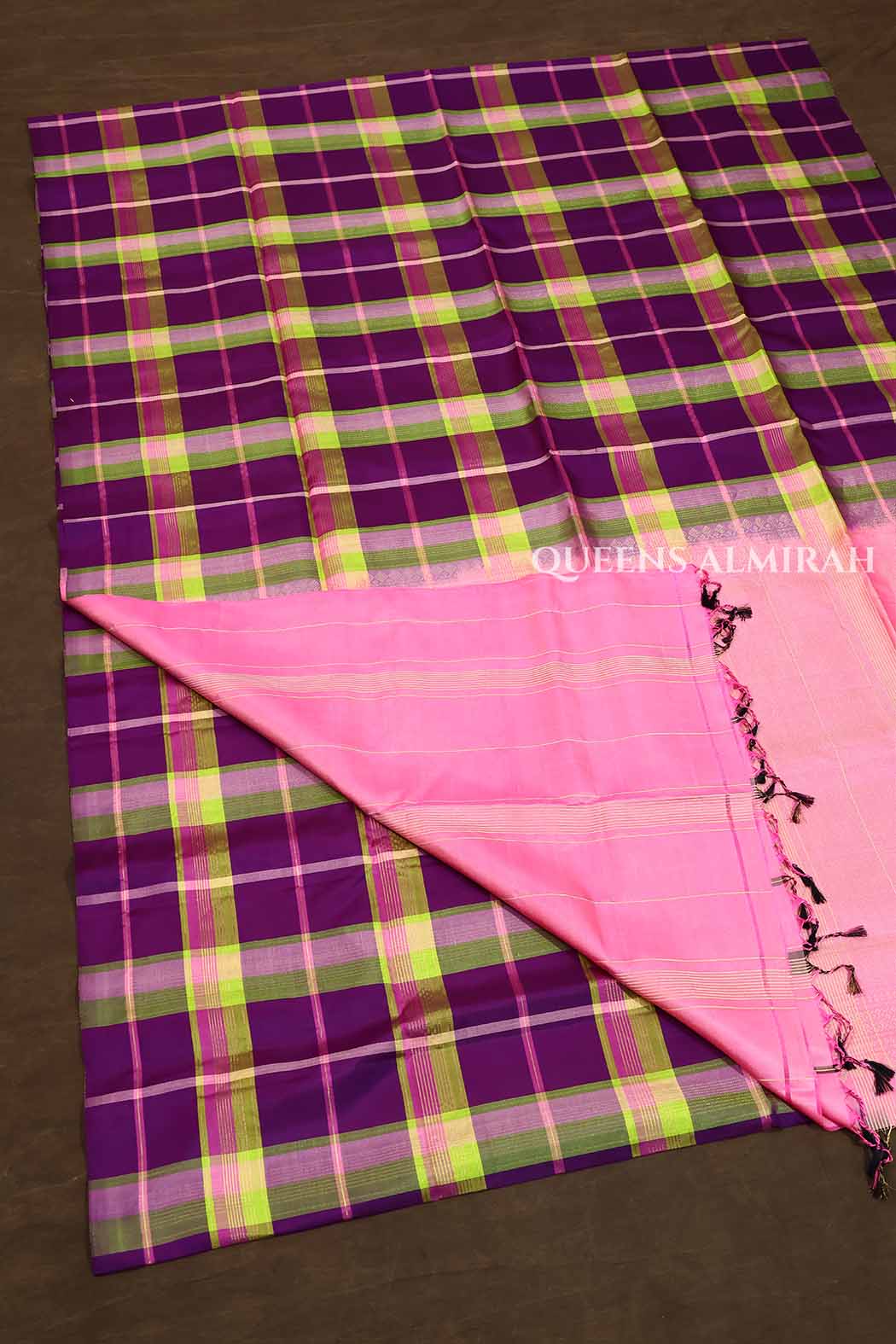 Purple With Green Burberry Checks Pure Soft Silk Saree