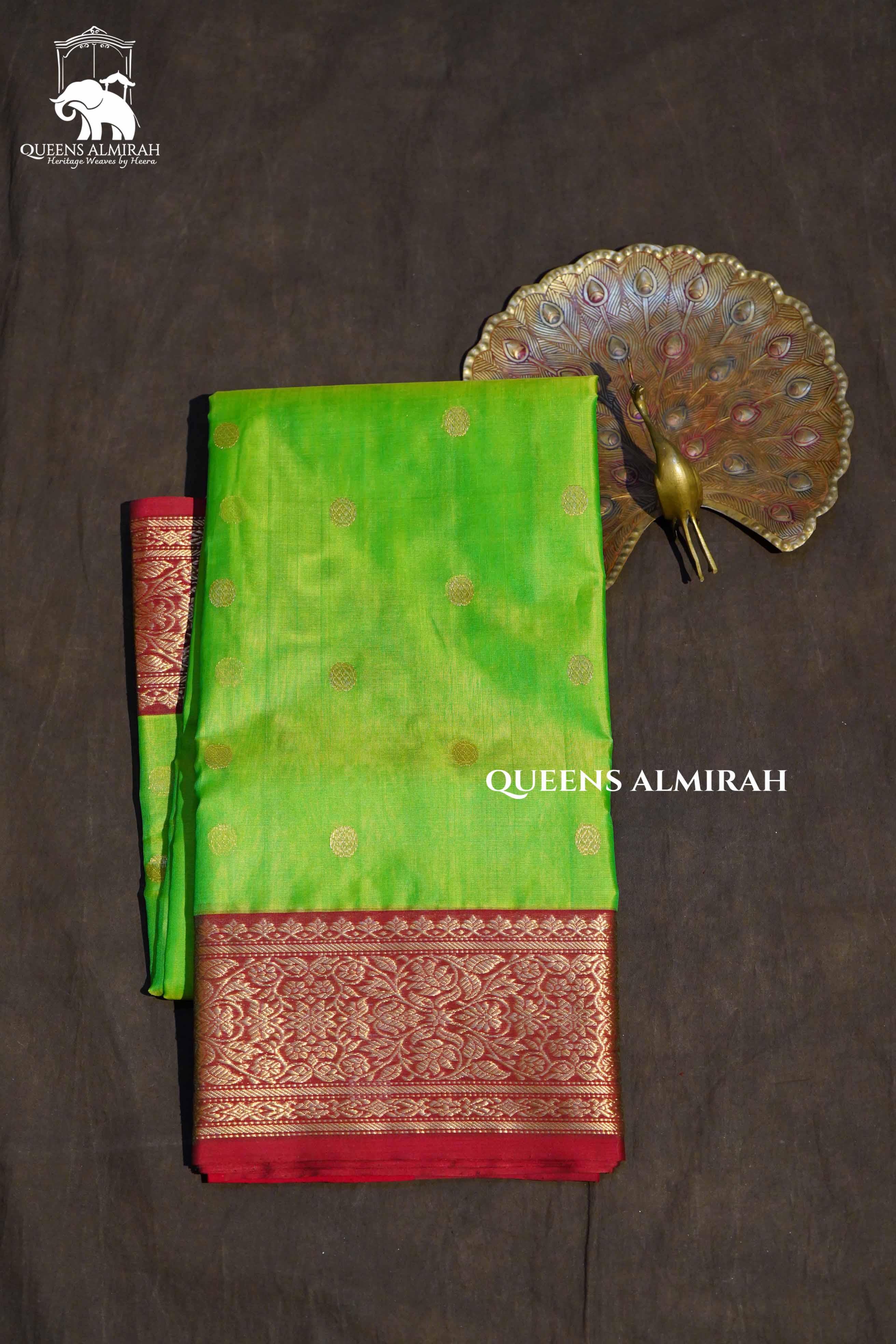 Parrot Green With Red Chanderi Katan Silk Handloom Saree