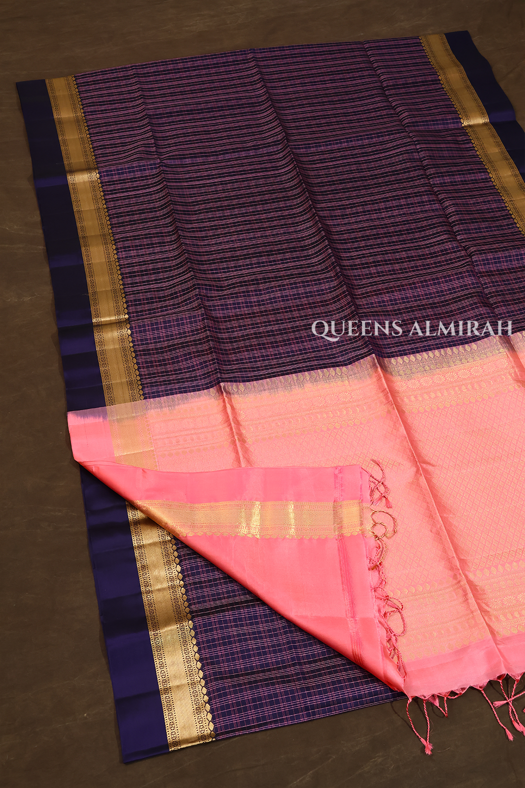 Dark Navy Blue With Pink Pure Pure Soft Silk Saree