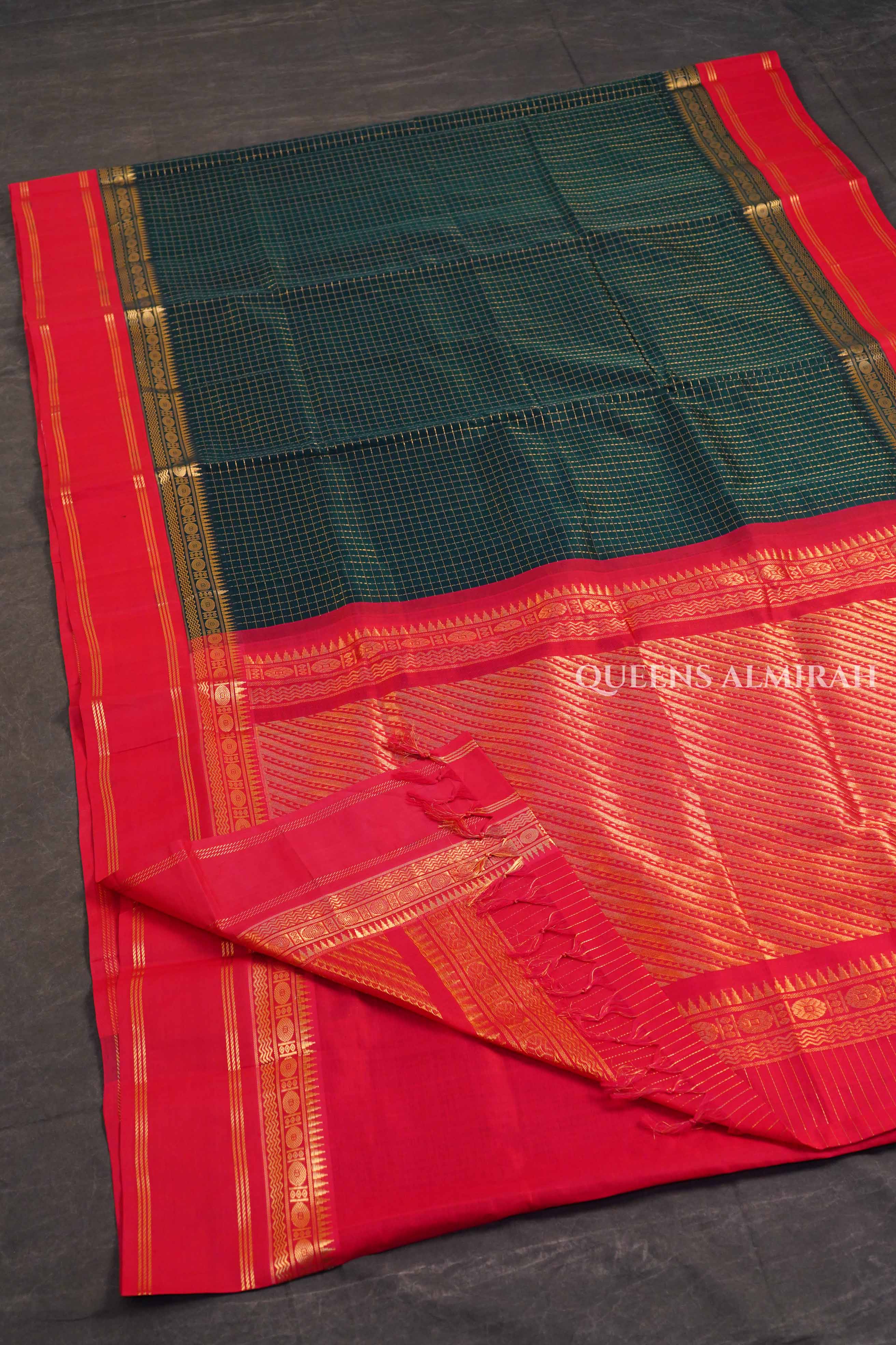 Dark Green Kattam With Red Gap Border Pure Silk Cotton Saree