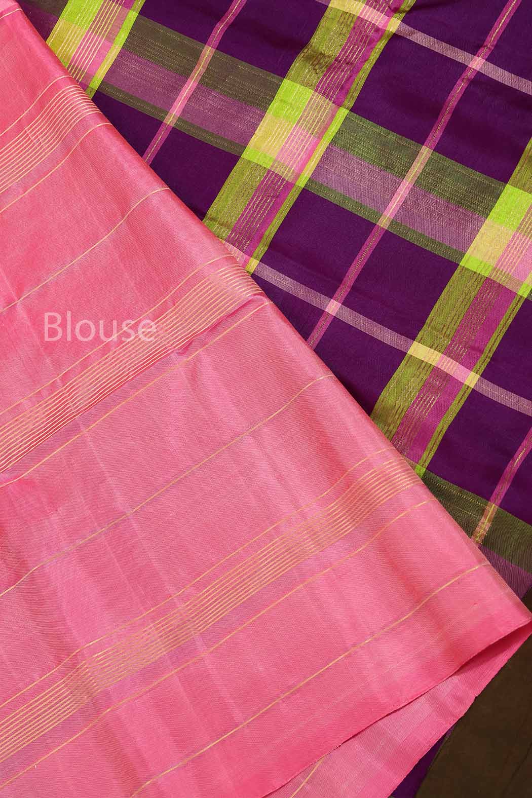 Purple With Green Burberry Checks Pure Soft Silk Saree