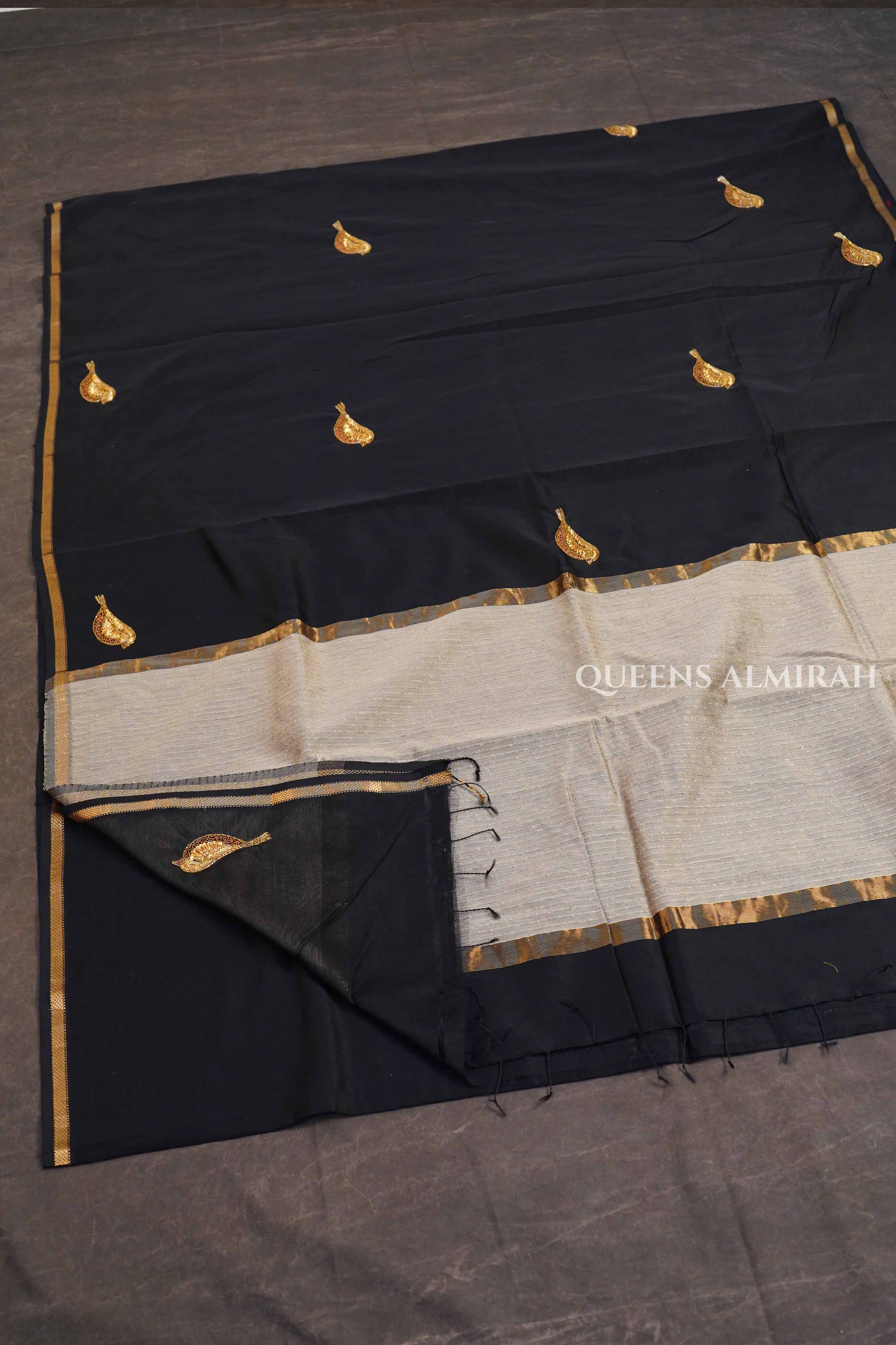 Black Singara Chittu Handloom Maheshwari Silk Cotton Saree