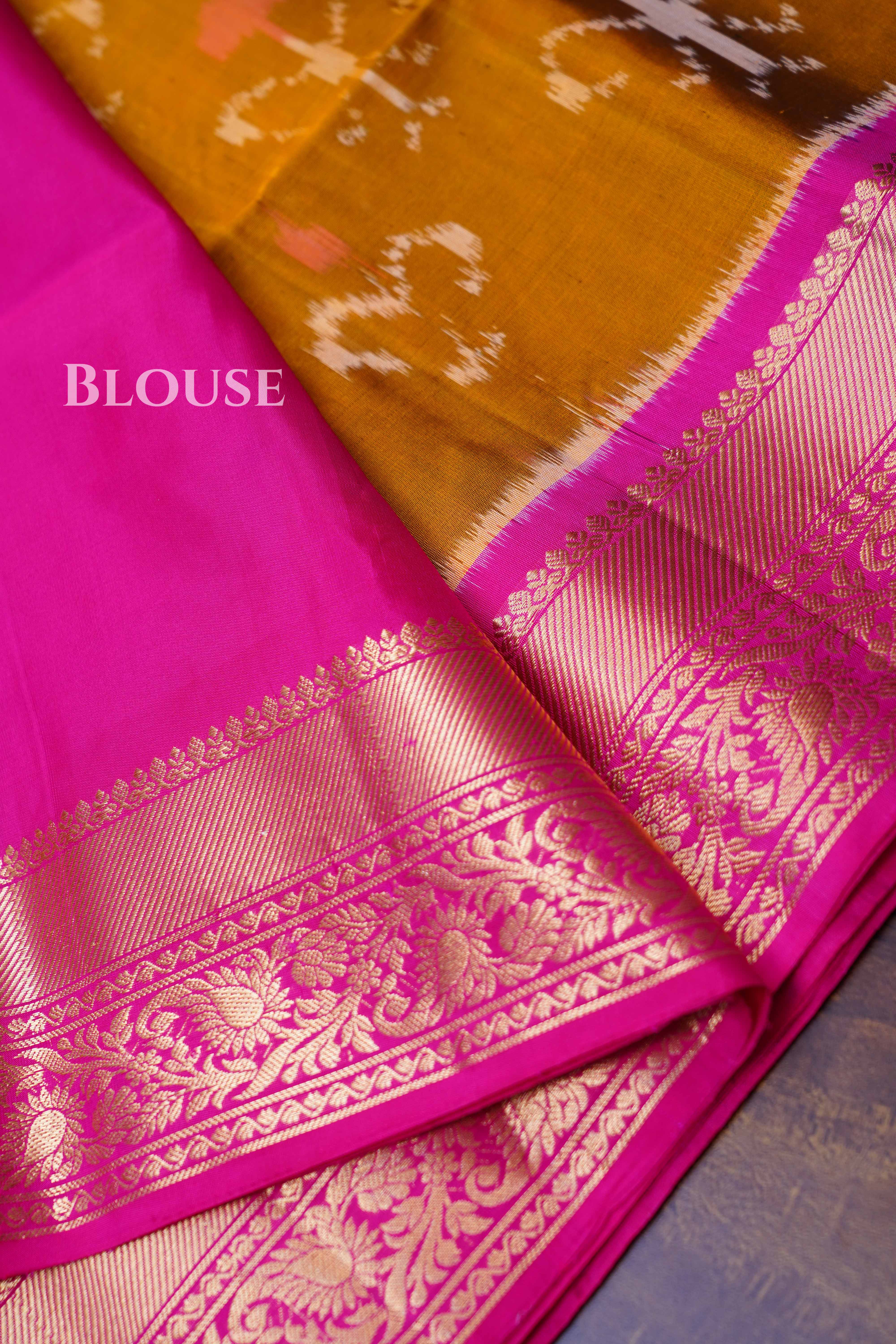 Mustard Yellow With Pink Pure Soft Silk Saree