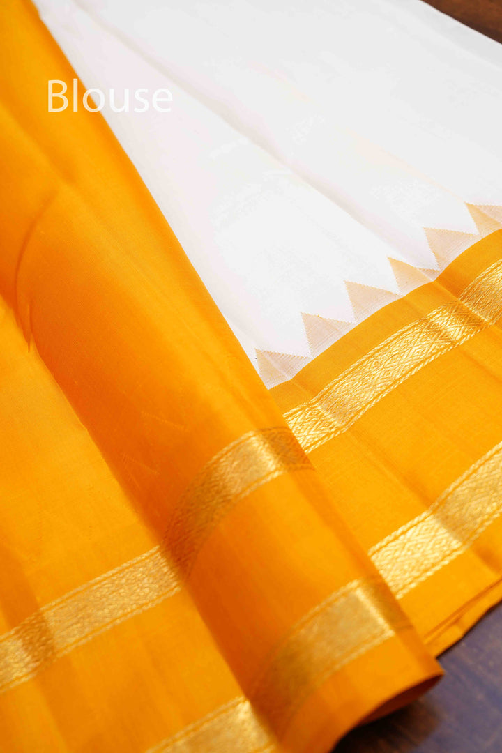 WHITE WITH MANGO YELLOW AND JAZZBERRYJAM PINK PURE KANCHIVARAM SILK SAREE - Queens Jewel Emporium