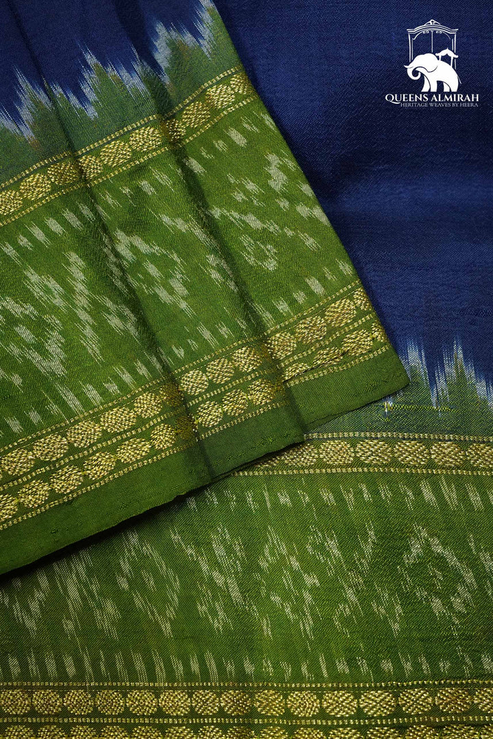 INDIGO BLUE WITH OLIVE GREEN MULBERRY SILK SAREE - Queens Jewel Emporium
