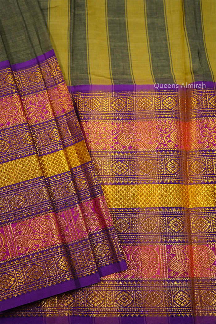 GREY WITH LONG MULTI COLOUR ZARI BORDER NARAYANPET COTTON SAREE - Queens Jewel Emporium