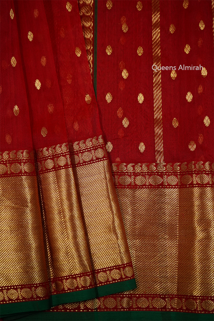 RED - TRADITIONAL CHANDERI KATAN SILK HANDLOOM SAREE - Queens Jewel Emporium