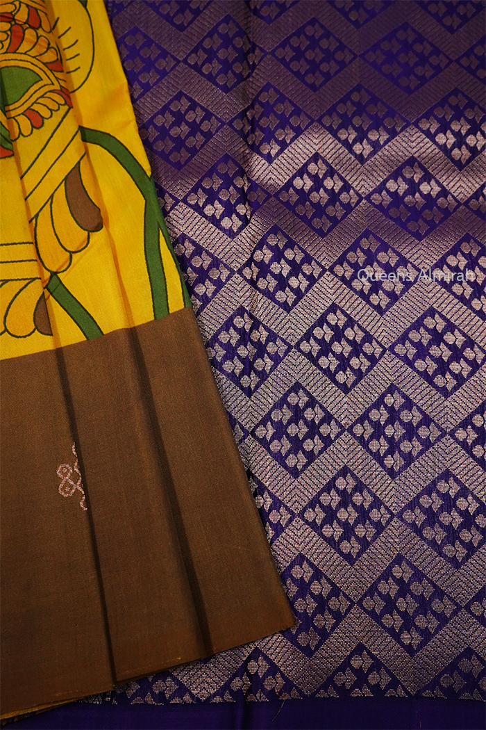 MANGO YELLOW WITH COCOA BROWN KANCHIVARAM SILK SAREE - Queens Jewel Emporium