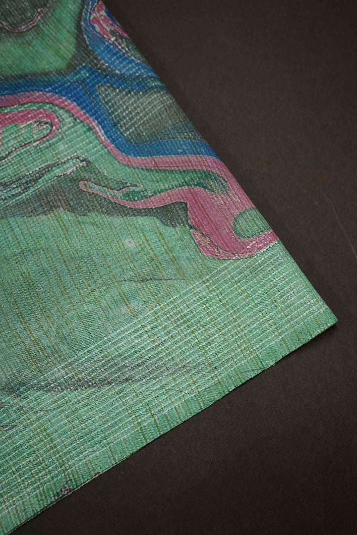 DUSTY GREEN MARBLE PRINT GHICHA ORAGANZA SAREE - Queens Jewel Emporium