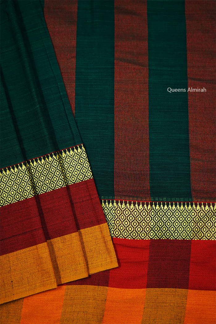 DARK GREEN WITH MULTI COLOR BORDER NARAYANPET COTTON SAREE - Queens Jewel Emporium