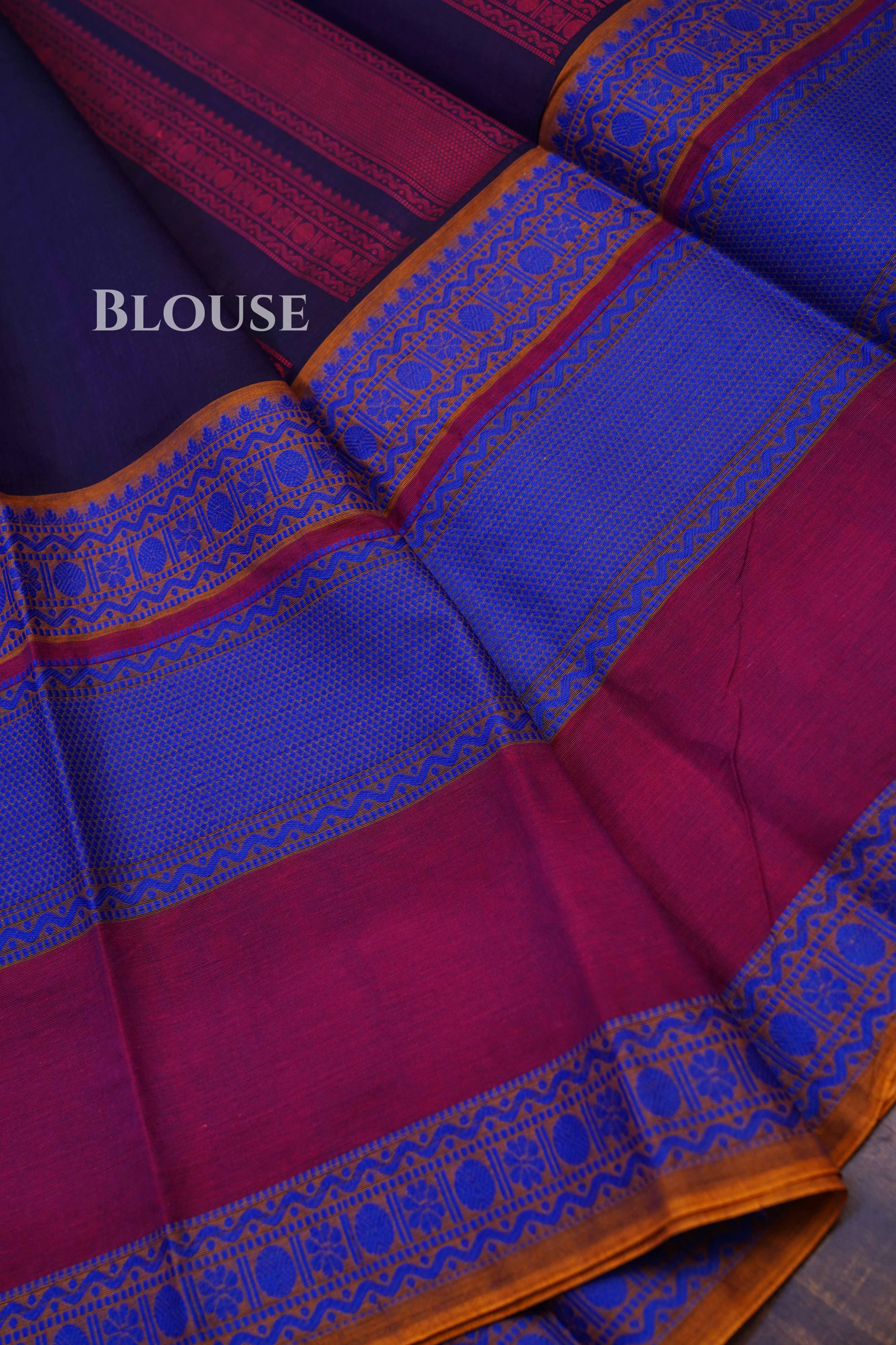 Wine With Ink Blue Chettinad Cotton Saree