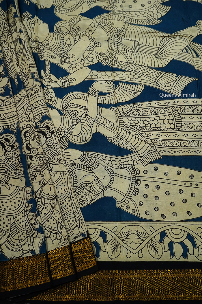 BLUE  WITH BLACK AND GOLDEN BORDER MANGALGIRI SAREE - Queens Jewel Emporium