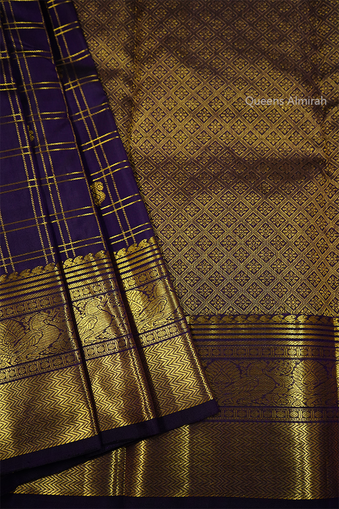DARK PURPLE WITH GOLDEN BORDER PURE KANCHIVARAM SILK SAREE - Queens Jewel Emporium