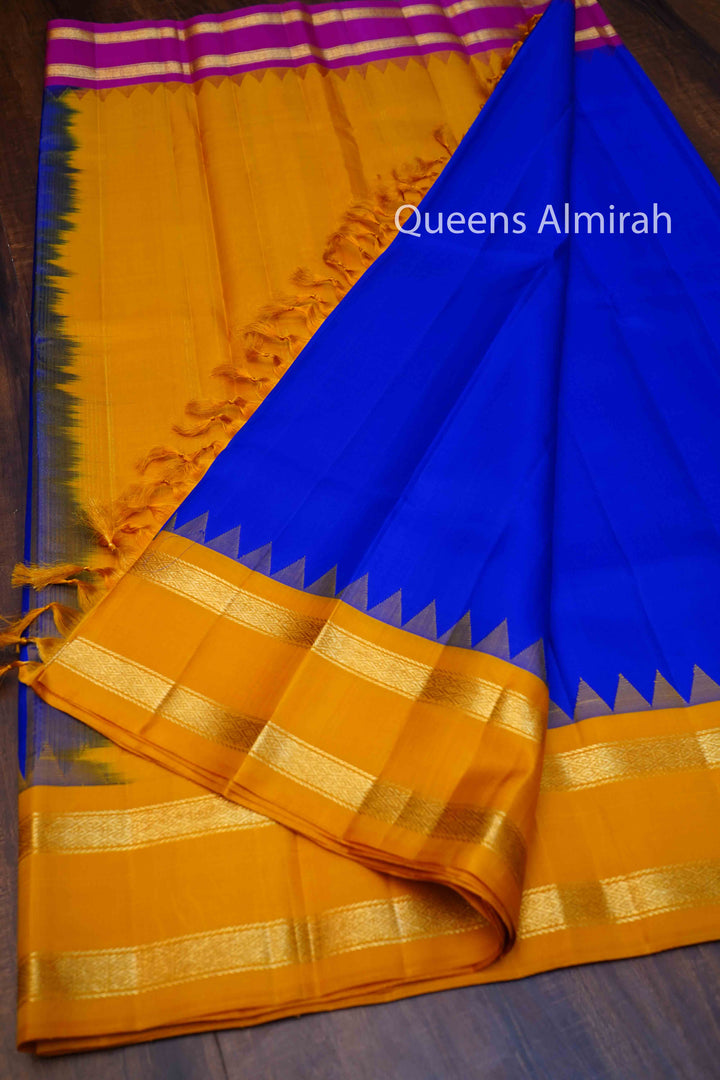 MS BLUE WITH MUSTARD YELLOW AND PINK PURE KANCHIVARAM SILK SAREE - Queens Jewel Emporium