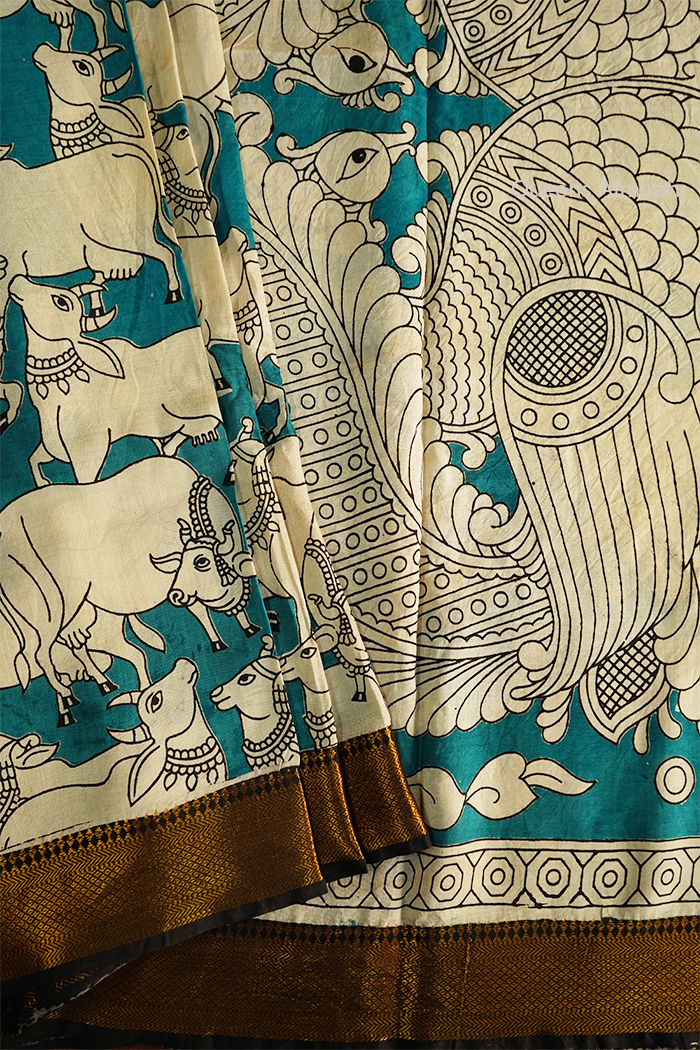 DARK AQUA BLUE MANGALGIRI SAREE - Queens Jewel Emporium