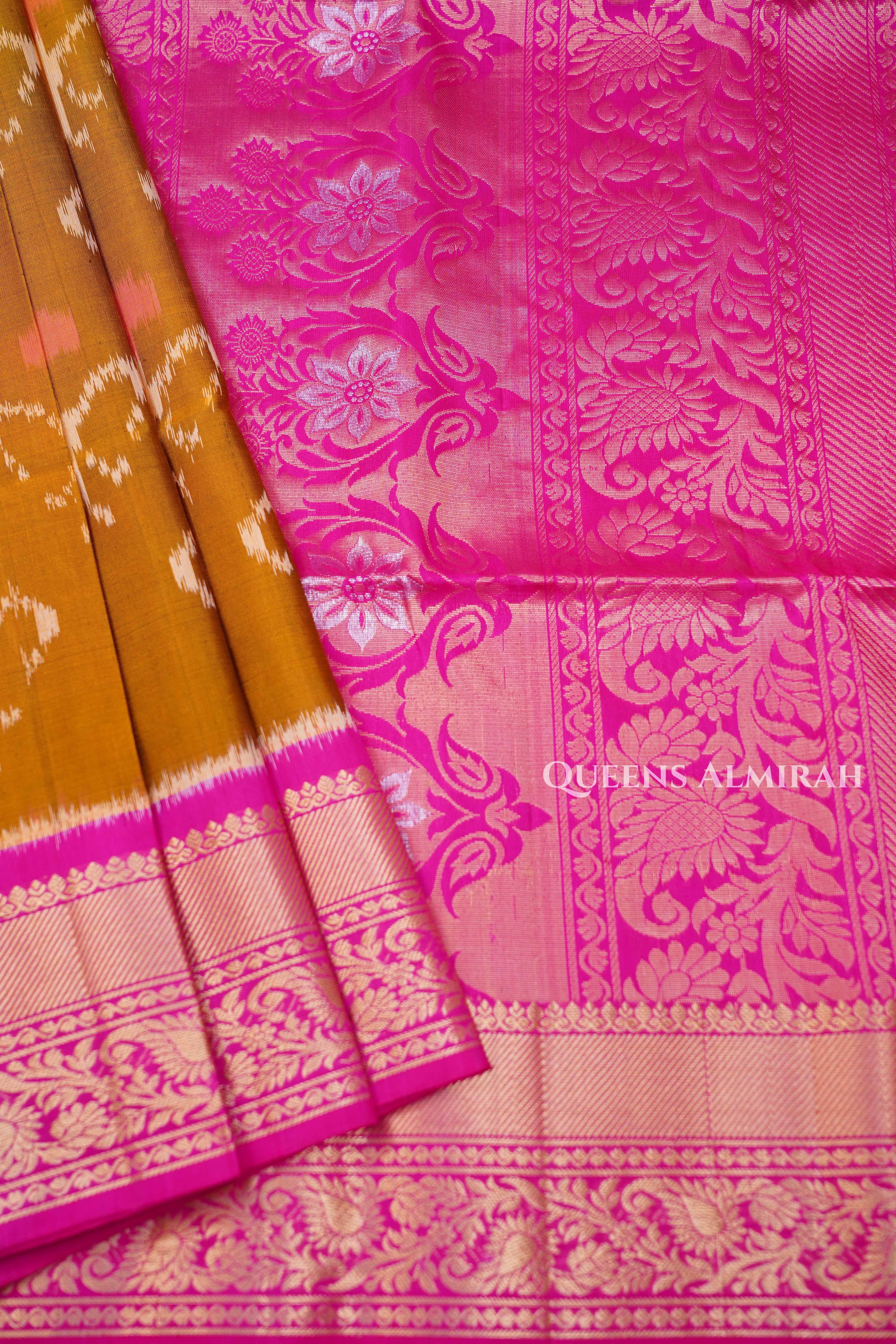Mustard Yellow With Pink Pure Soft Silk Saree