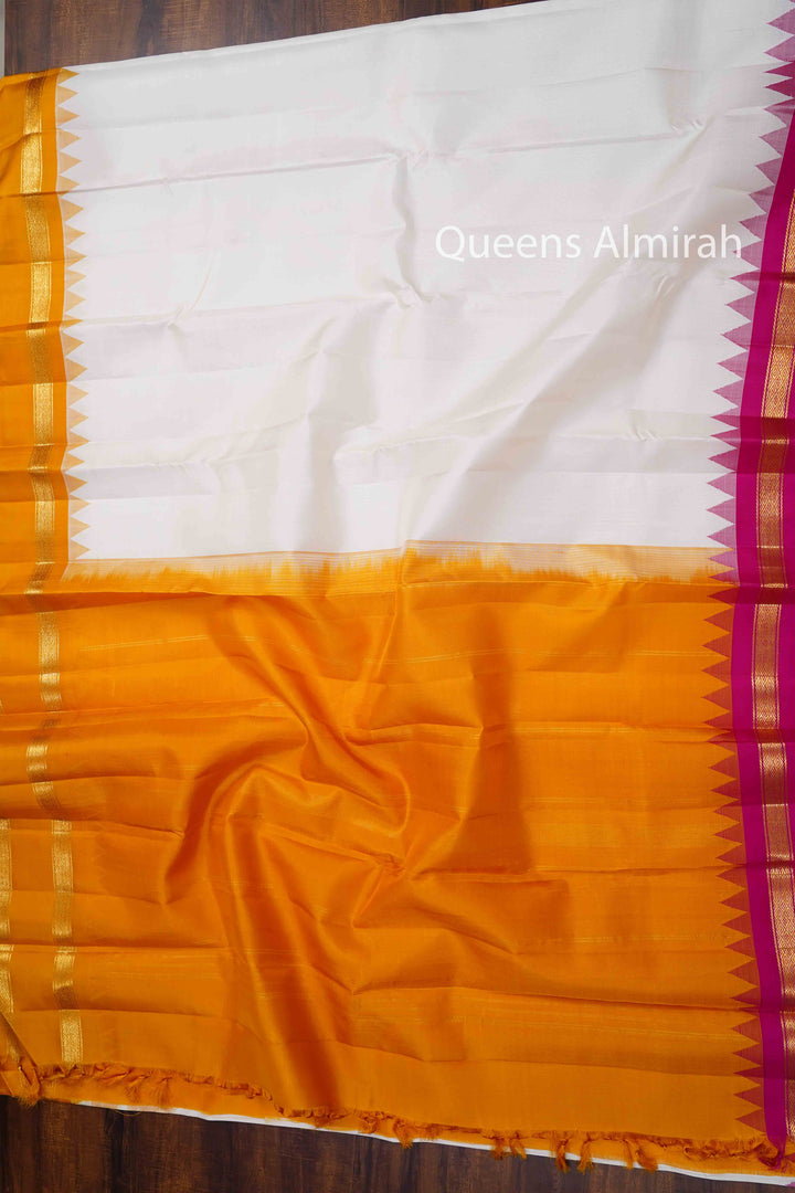 WHITE WITH MANGO YELLOW AND JAZZBERRYJAM PINK PURE KANCHIVARAM SILK SAREE - Queens Jewel Emporium