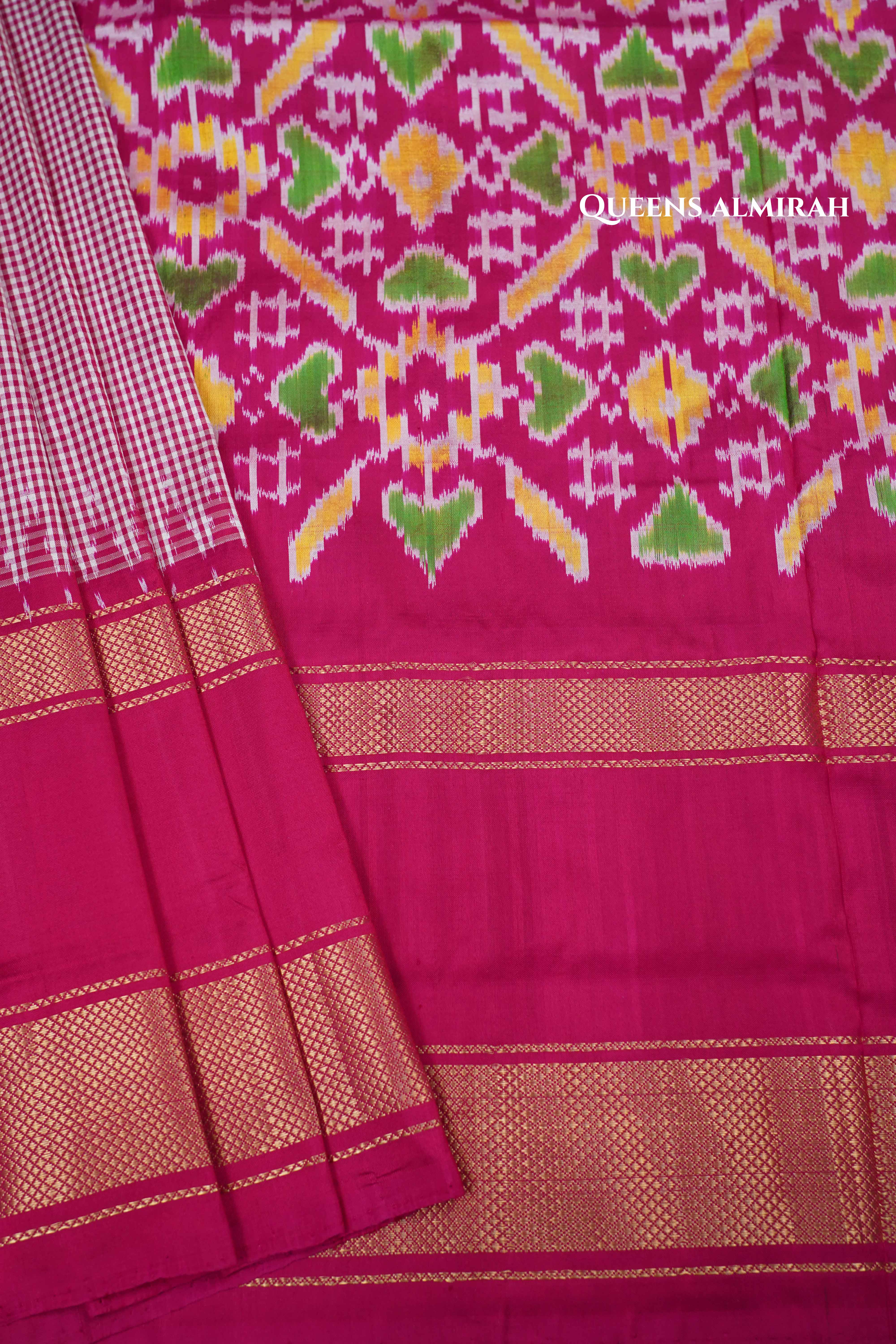 White Checks With Jazzberry Jam Pink Pure Ikat Silk Saree - Queens Jewel Emporium