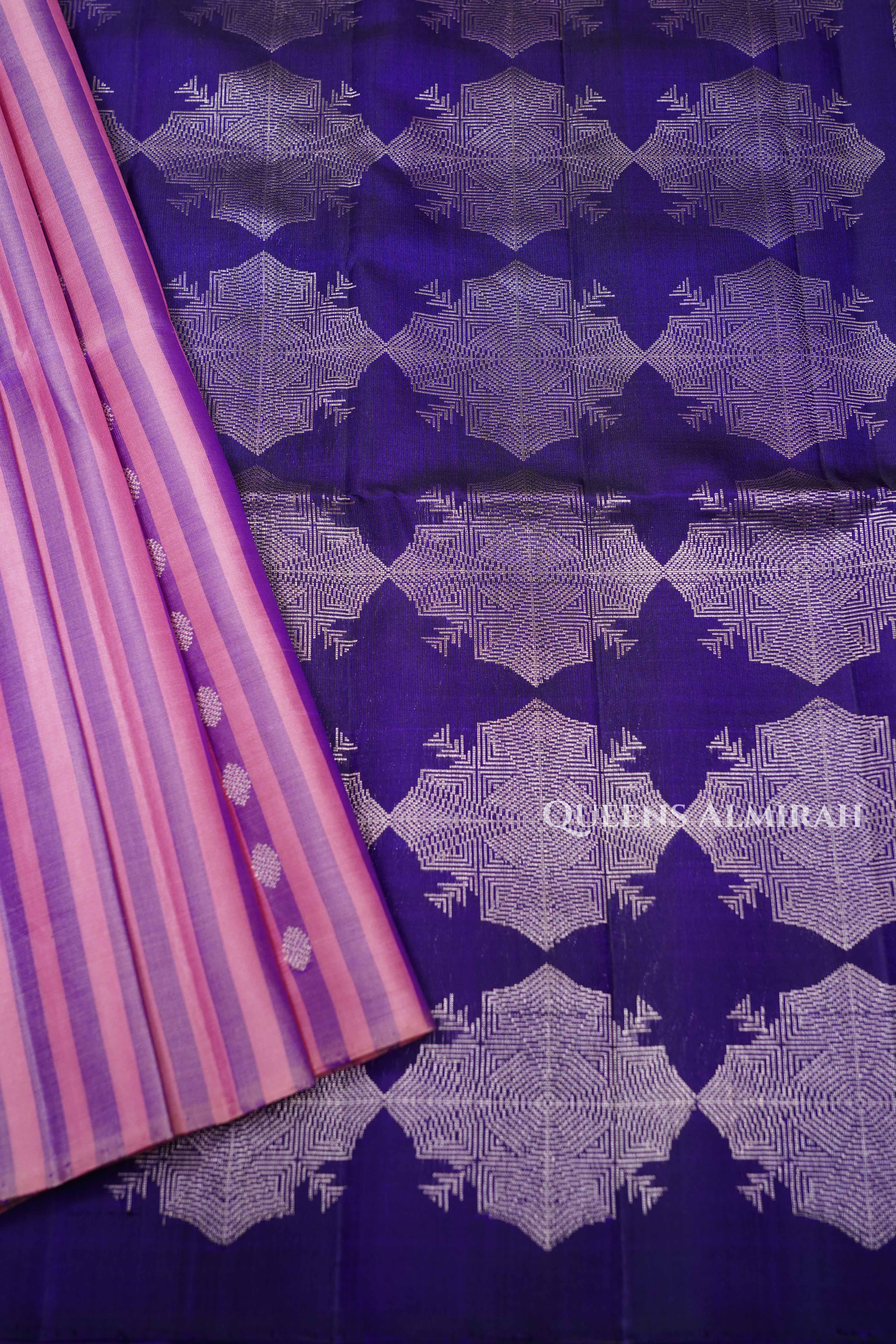 Indigo With Lavender And Pink Stripes Pure Soft Silk Saree