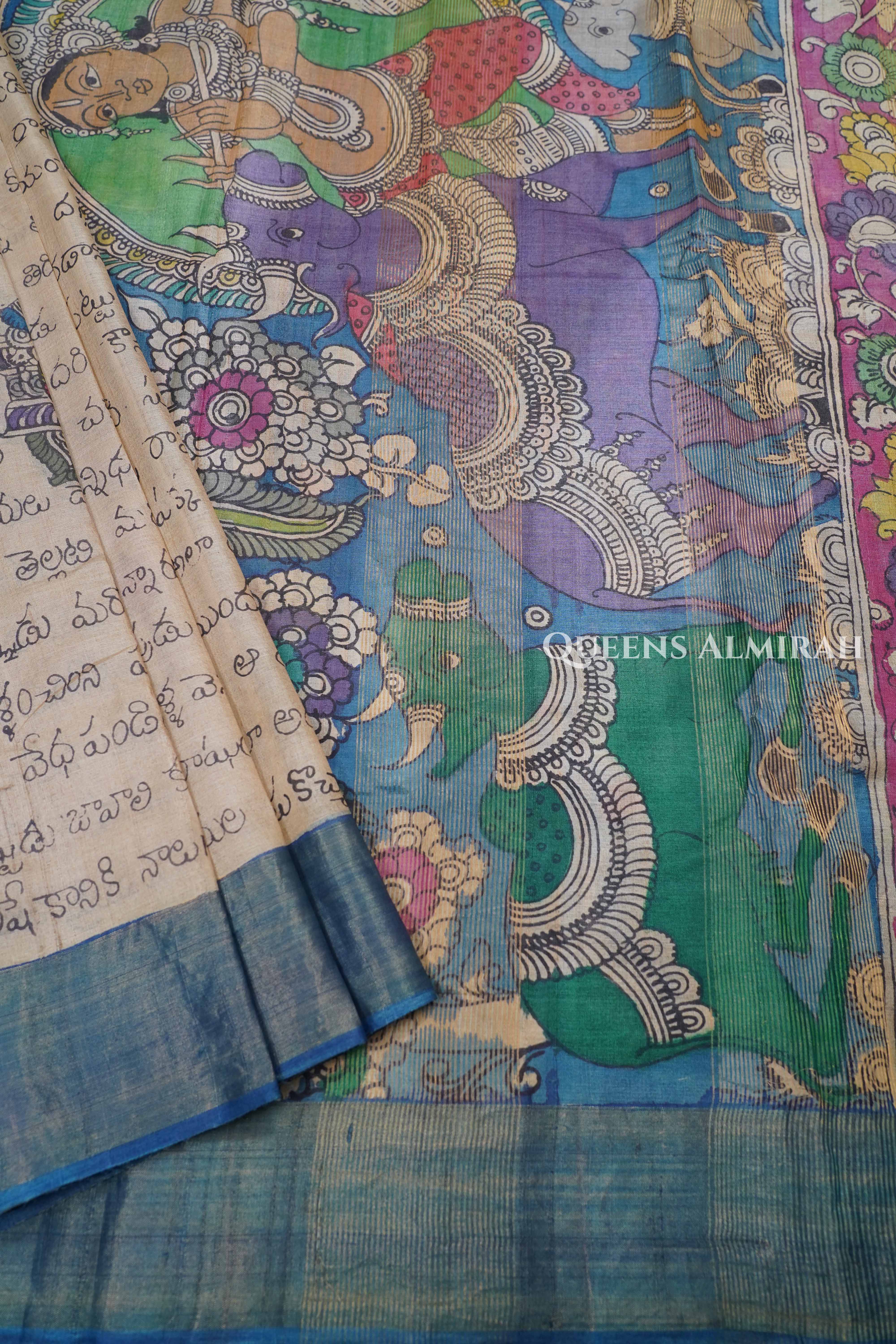 Pen Kalamkari Pure Tussar Silk Saree
